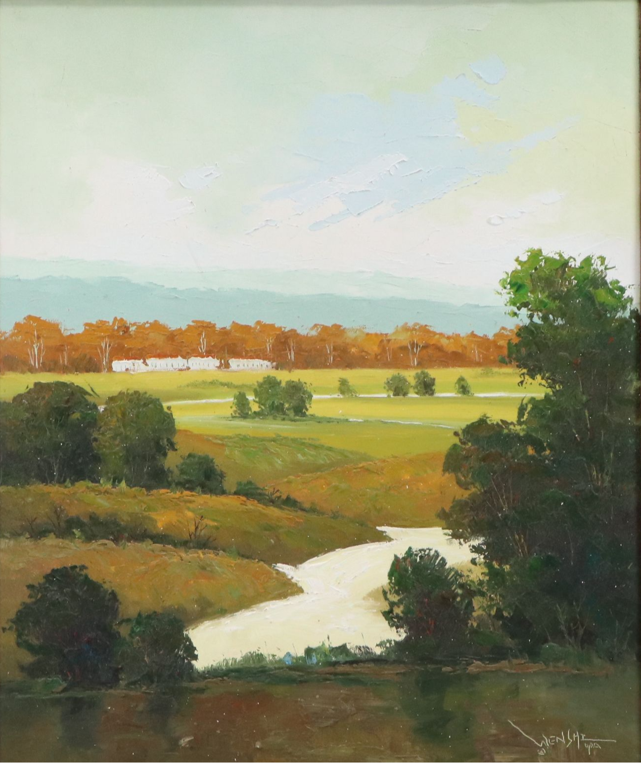 Wen Shi Hong Landscape Oil Painting of Rolling Hills with Stream, Circa 2000