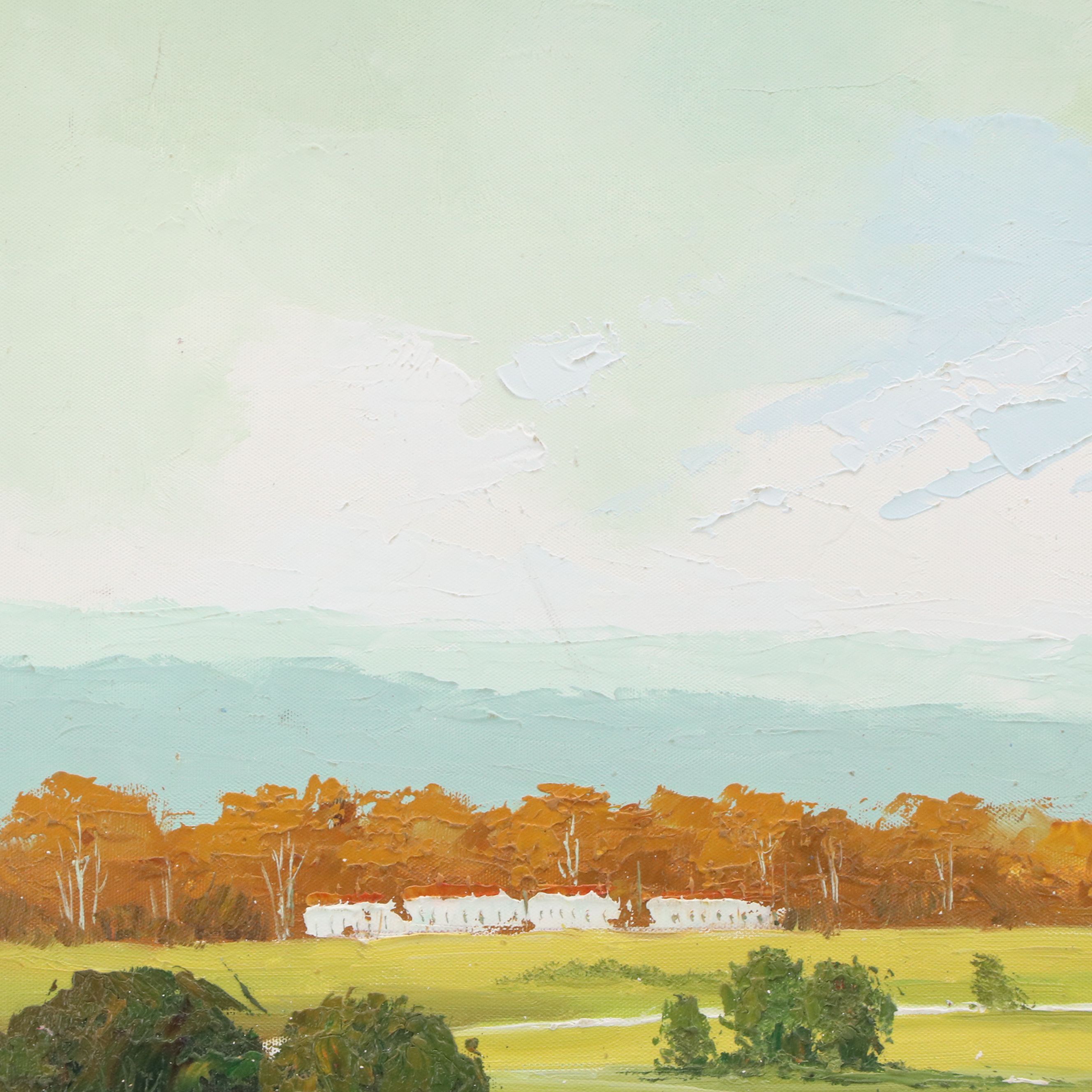 Wen Shi Hong Landscape Oil Painting of Rolling Hills with Stream, Circa 2000