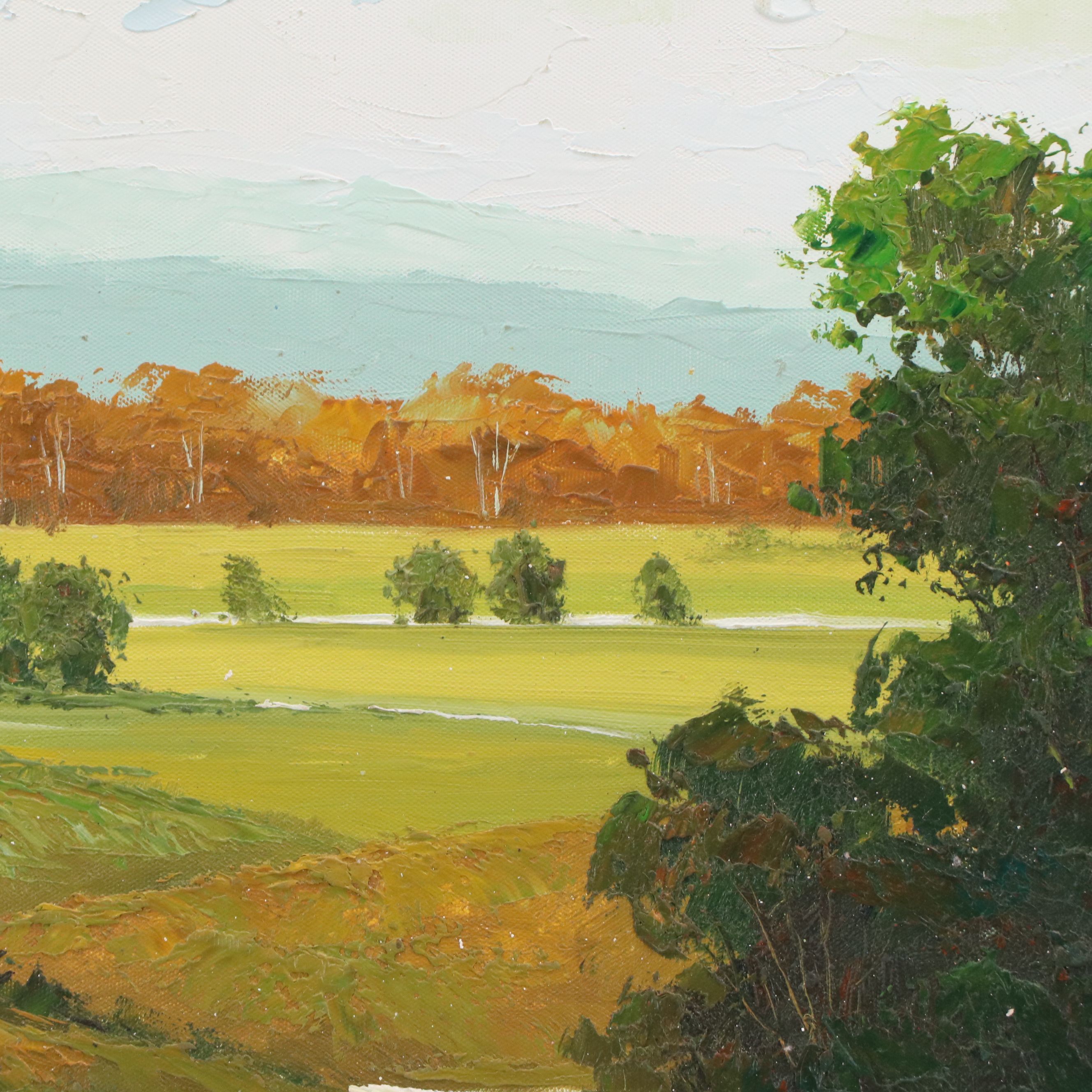 Wen Shi Hong Landscape Oil Painting of Rolling Hills with Stream, Circa 2000