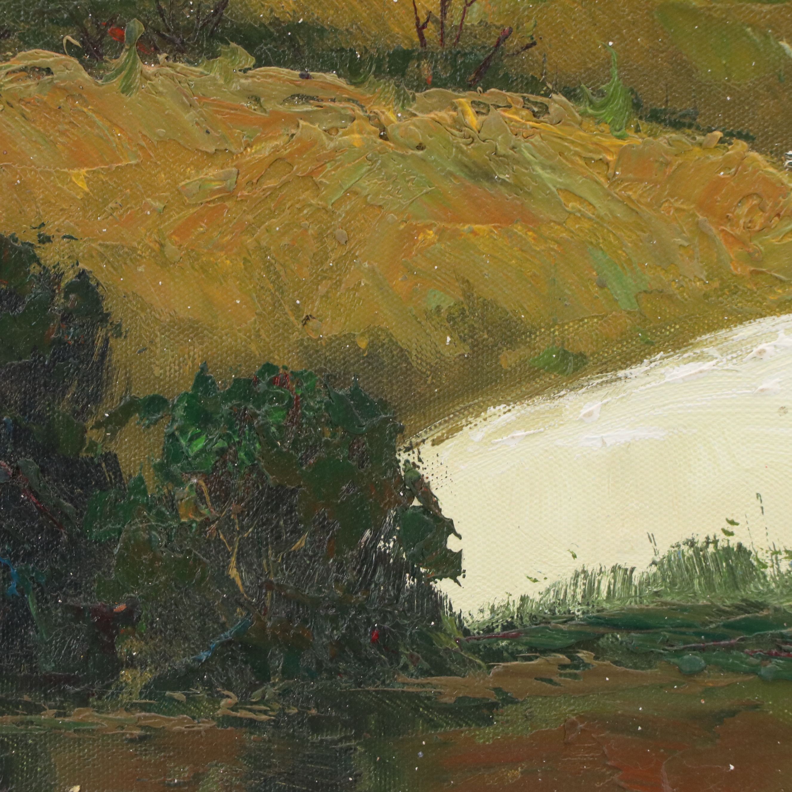 Wen Shi Hong Landscape Oil Painting of Rolling Hills with Stream, Circa 2000