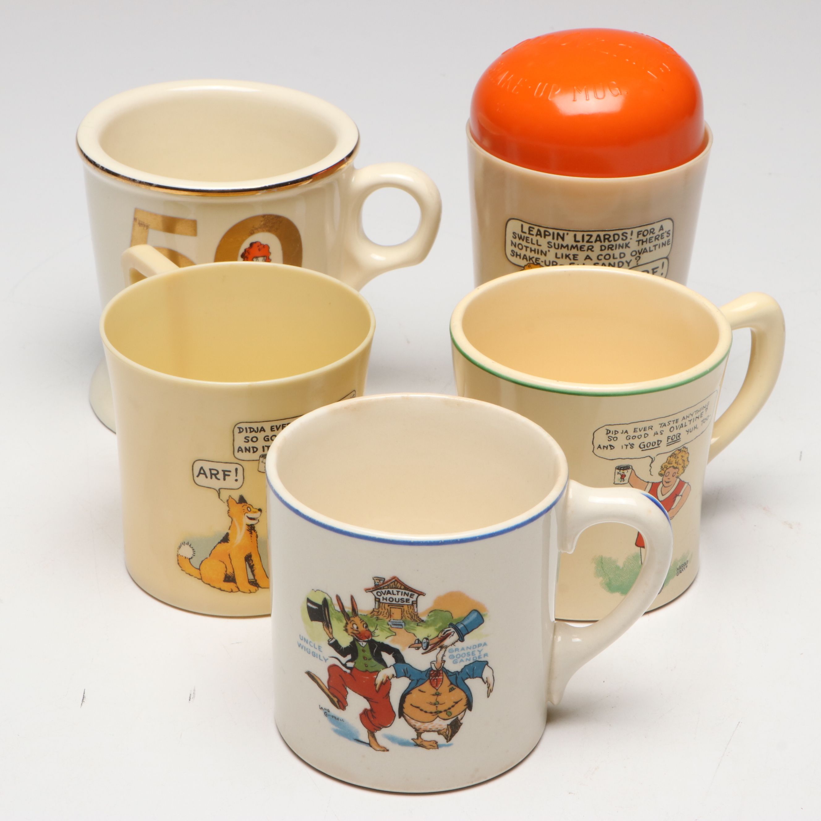 Ovaltine Advertising Beetleware and Ceramic Mugs and Shaker, Mid to Late 20th C.