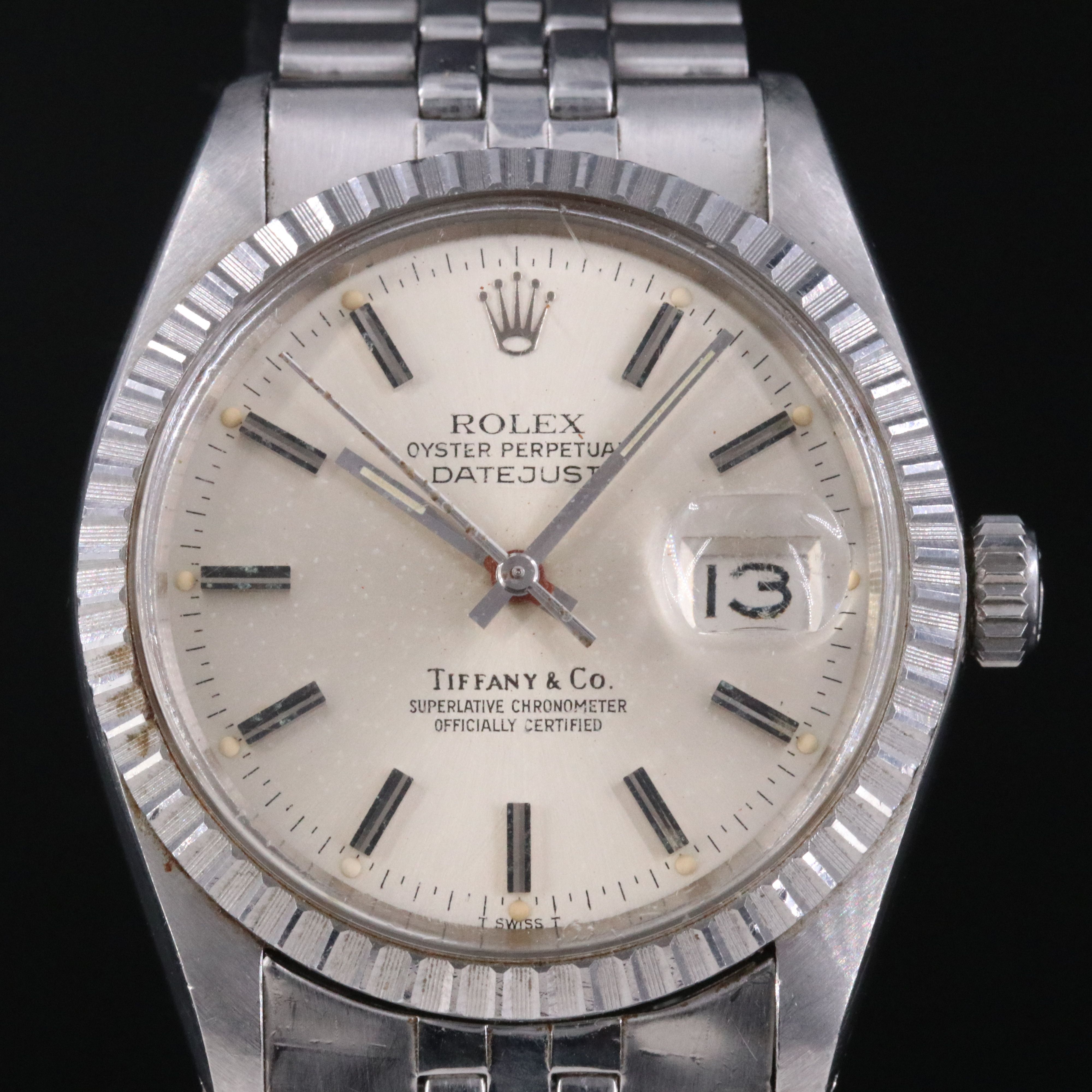 1978 Rolex Engine Turned Bezel Datejust Tiffany & Co. Dial Watch