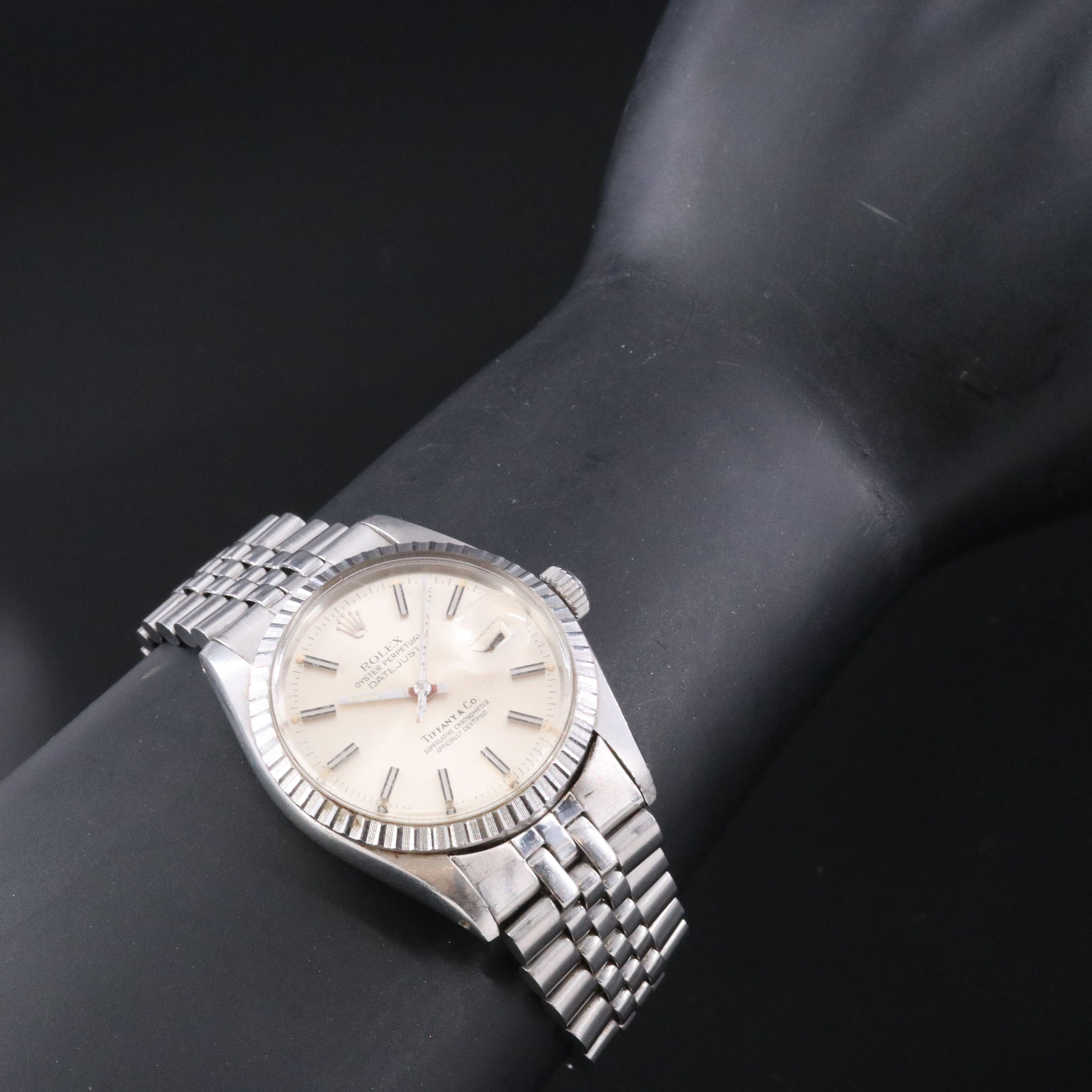 1978 Rolex Engine Turned Bezel Datejust Tiffany & Co. Dial Watch