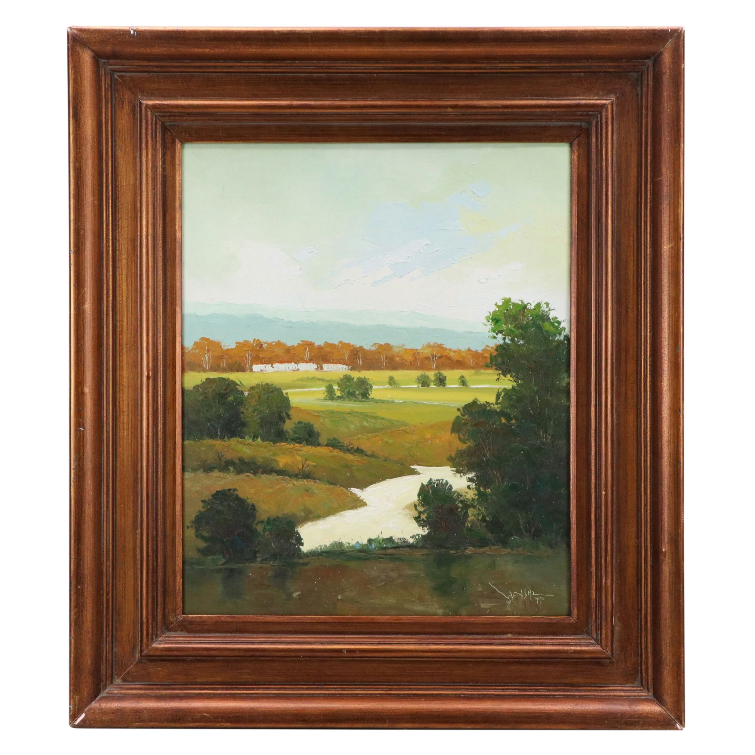 Wen Shi Hong Landscape Oil Painting of Rolling Hills with Stream, Circa 2000