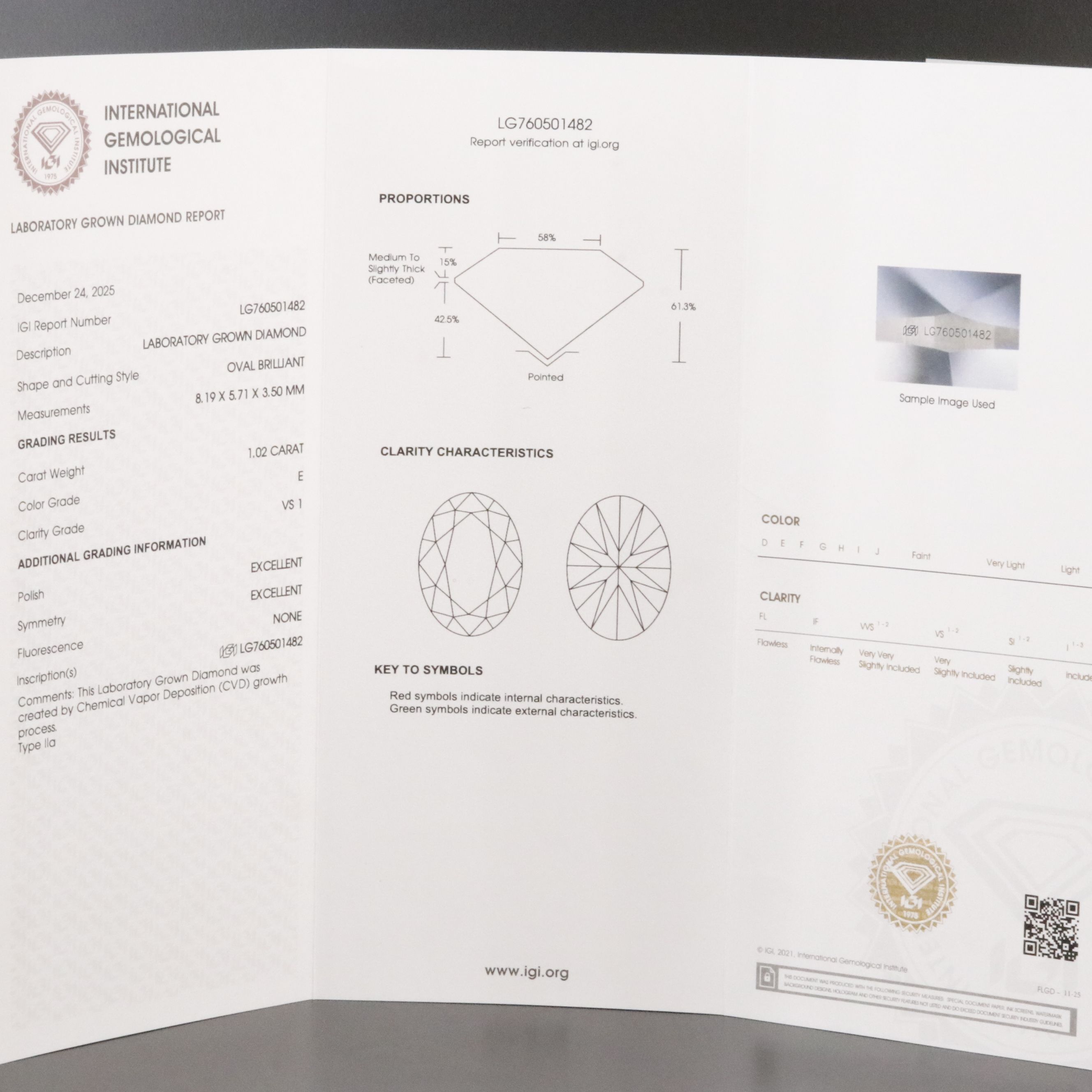 Loose 1.02 CT Lab Grown Diamond with IGI Report