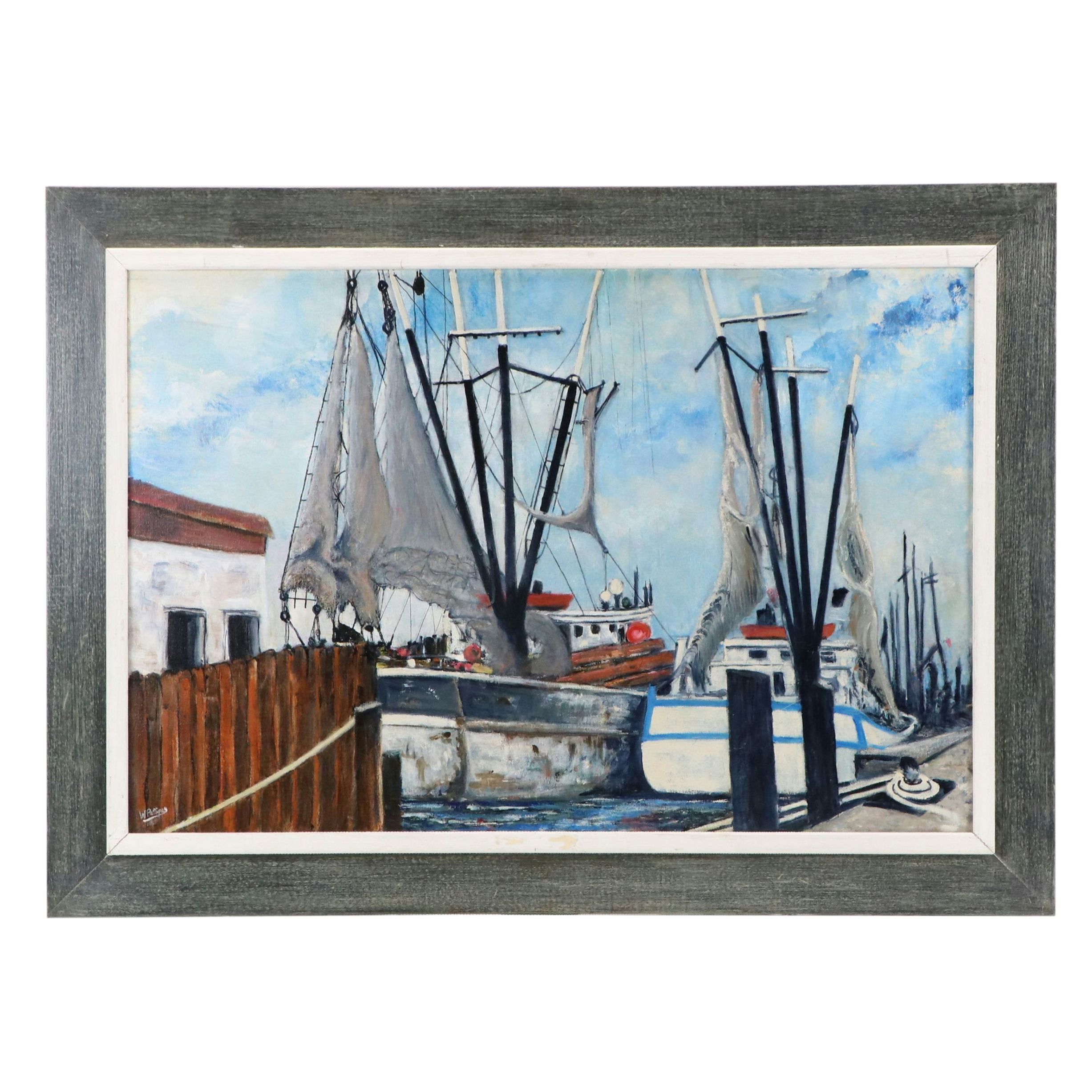Walter Pettipas Oil Painting of Marina on Canvas, Late 20th to Early 21st C.