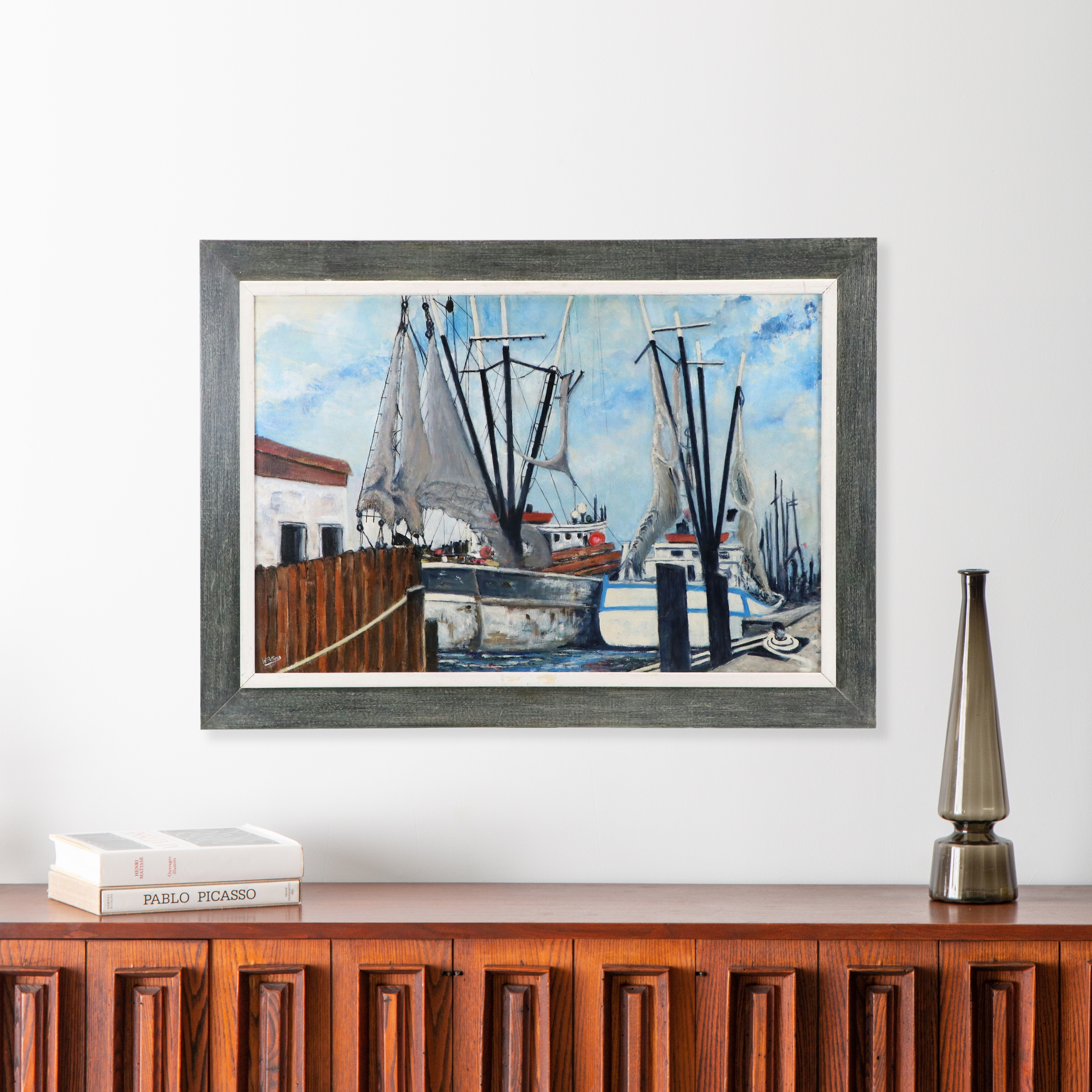 Walter Pettipas Oil Painting of Marina on Canvas, Late 20th to Early 21st C.