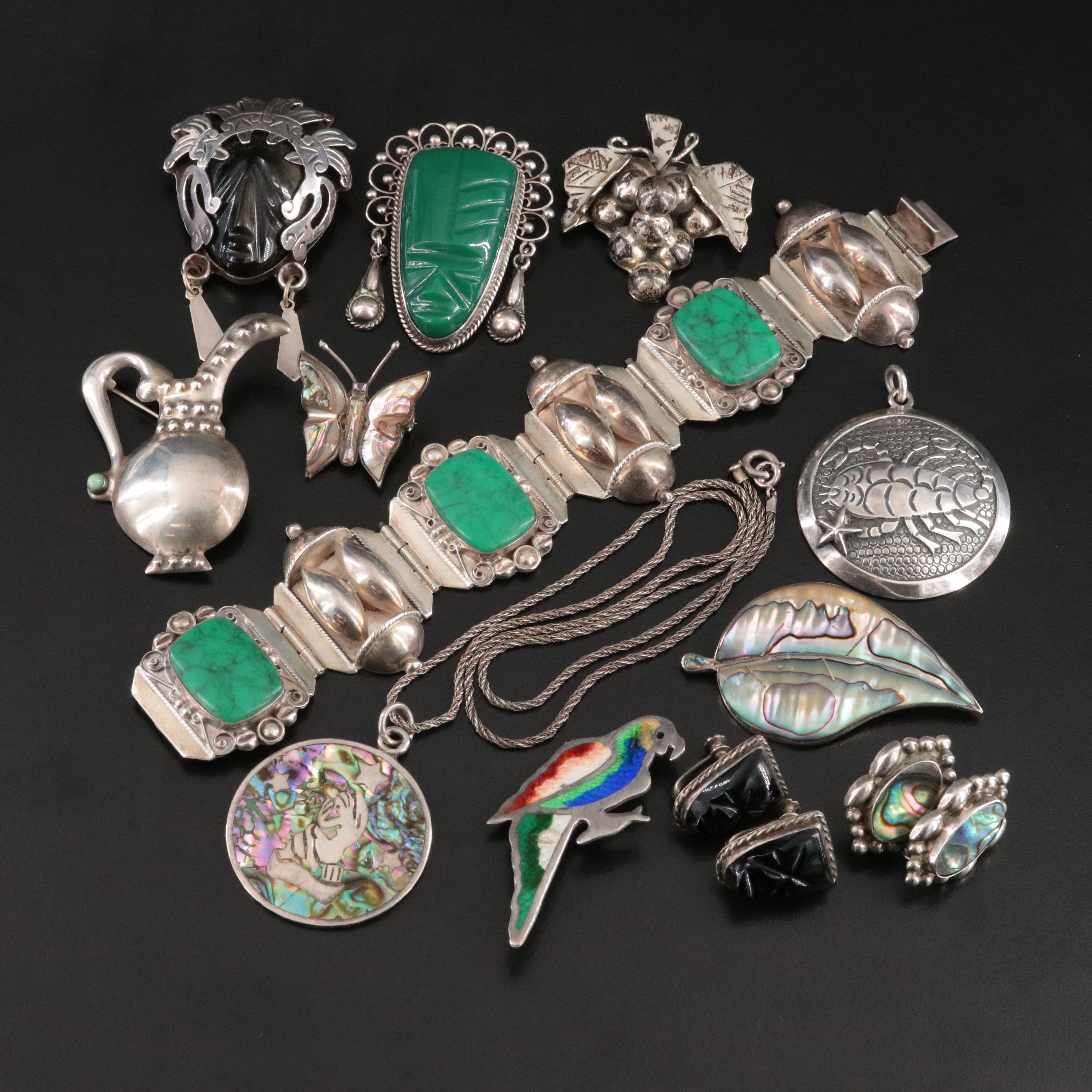 Mexican Sterling Jewelry Including Abalone, Enamel and Obsidian