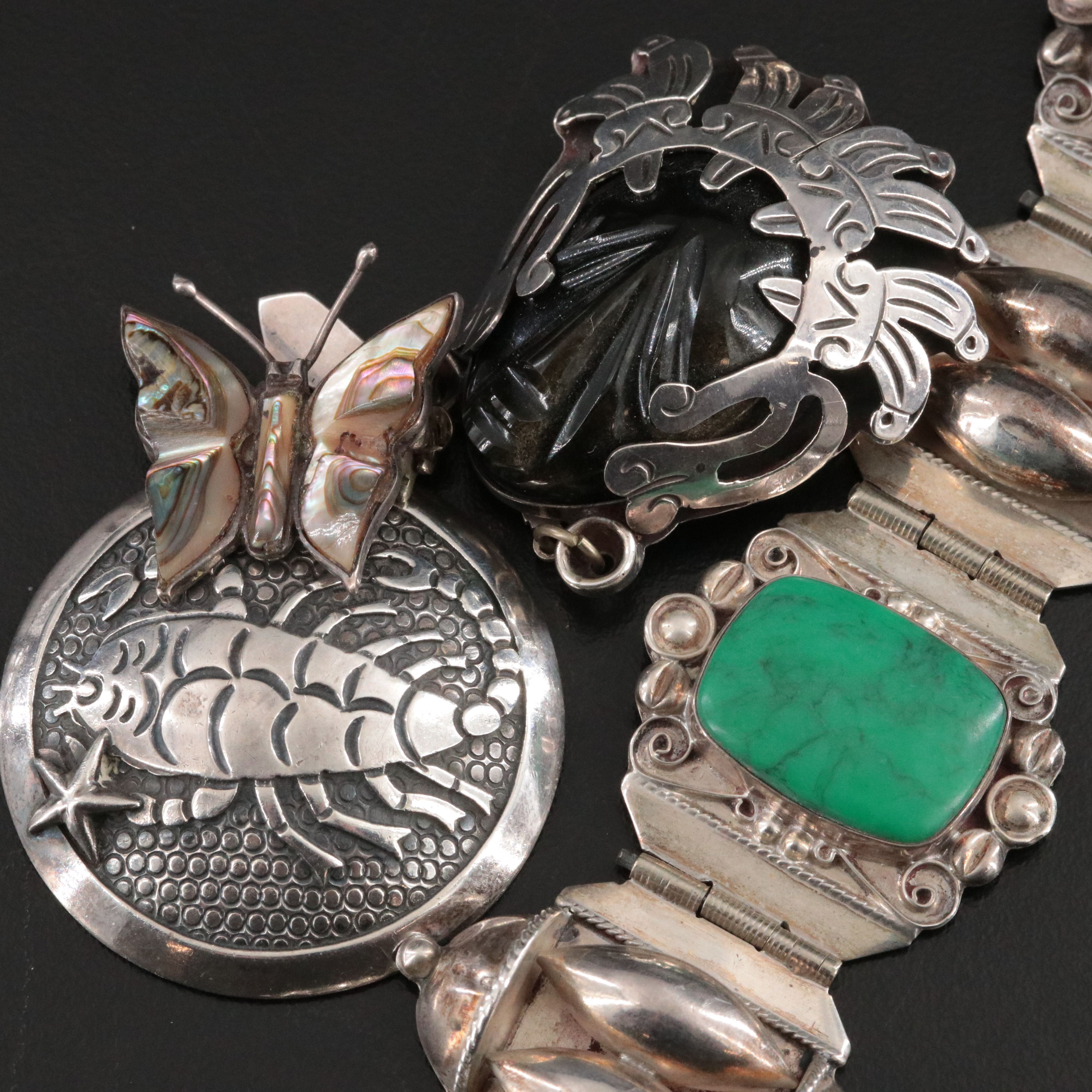 Mexican Sterling Jewelry Including Abalone, Enamel and Obsidian