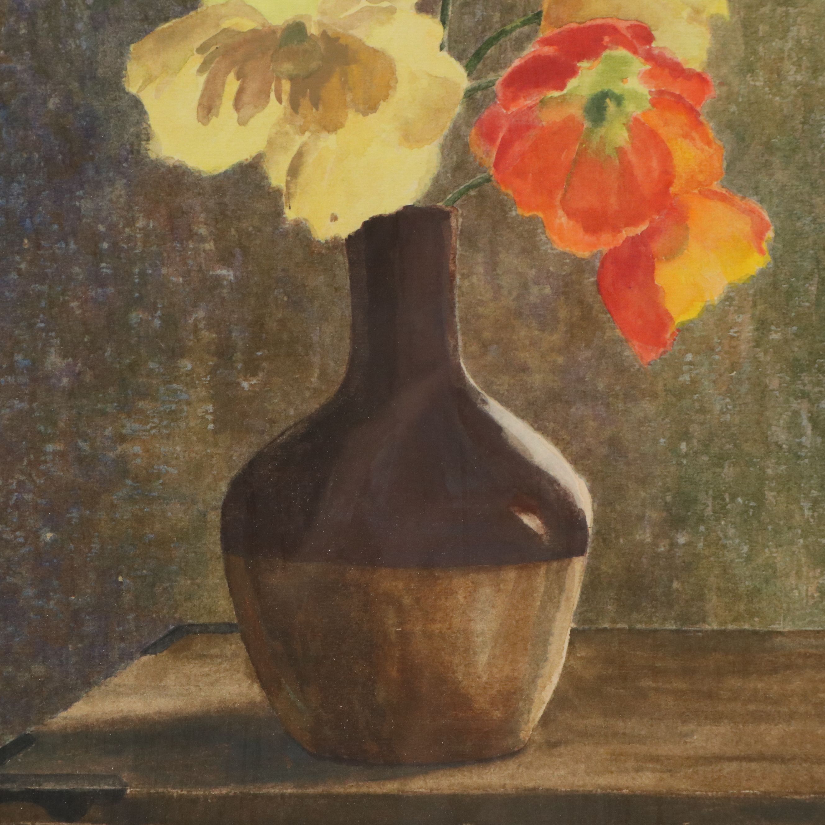 Still Life Watercolor Painting of Vase of Flowers, 20th Century
