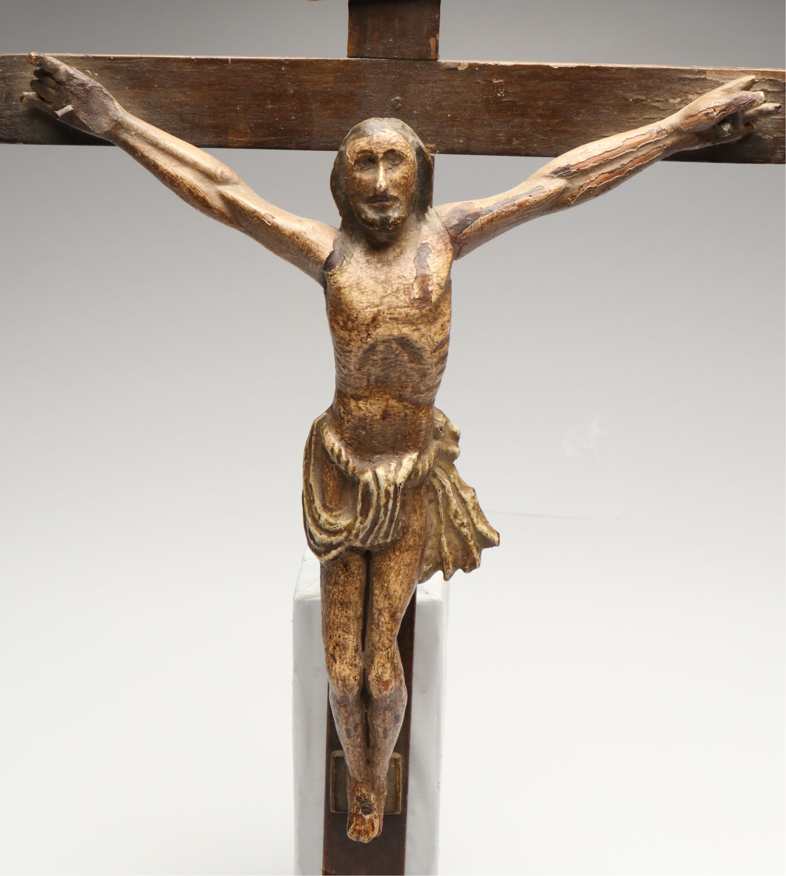 Antique Spanish Colonial Style Polychrome Wood Corpus Christi Crucifix