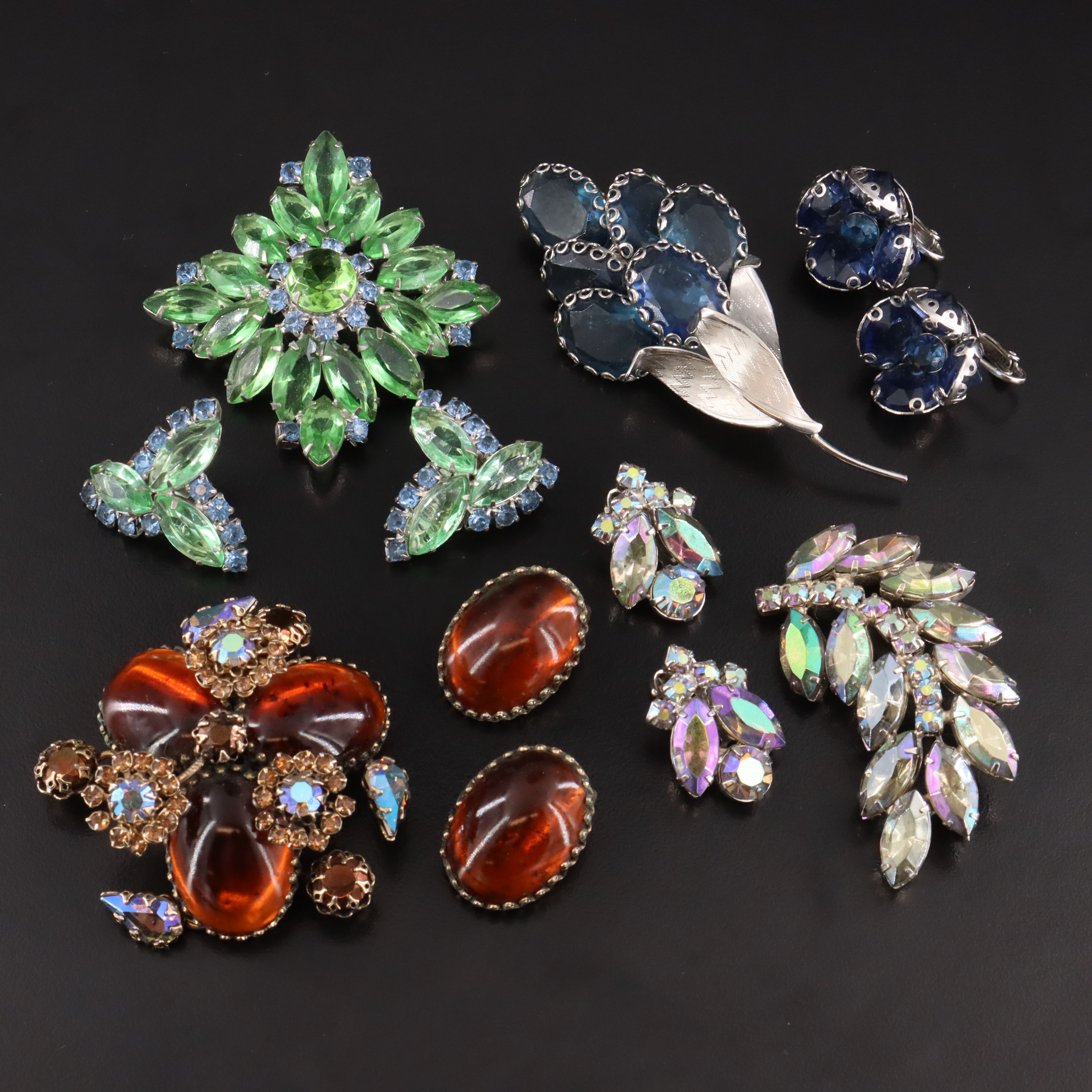 1940s Aurora Borealis Rhinestone Brooch and Earrings Sets