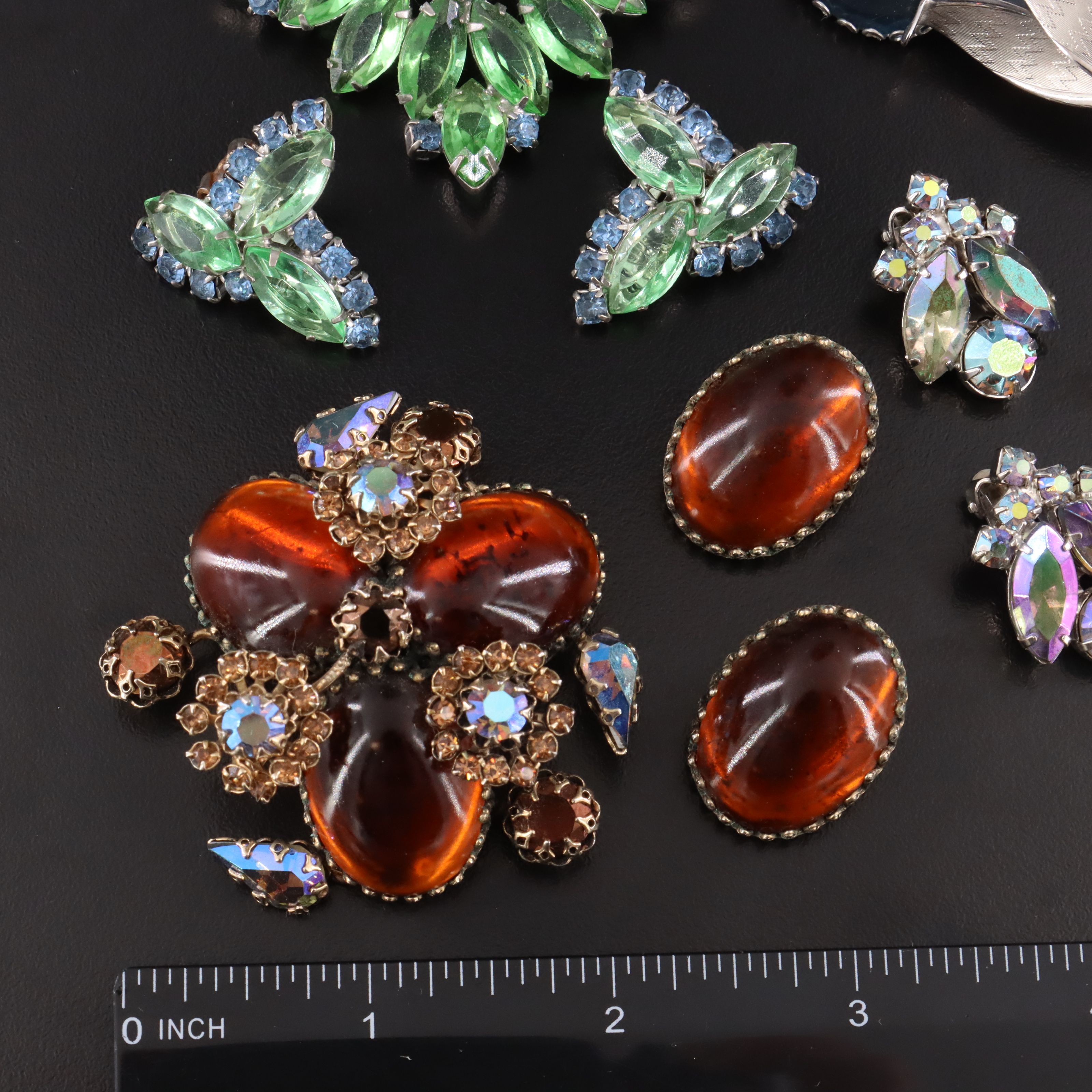 1940s Aurora Borealis Rhinestone Brooch and Earrings Sets