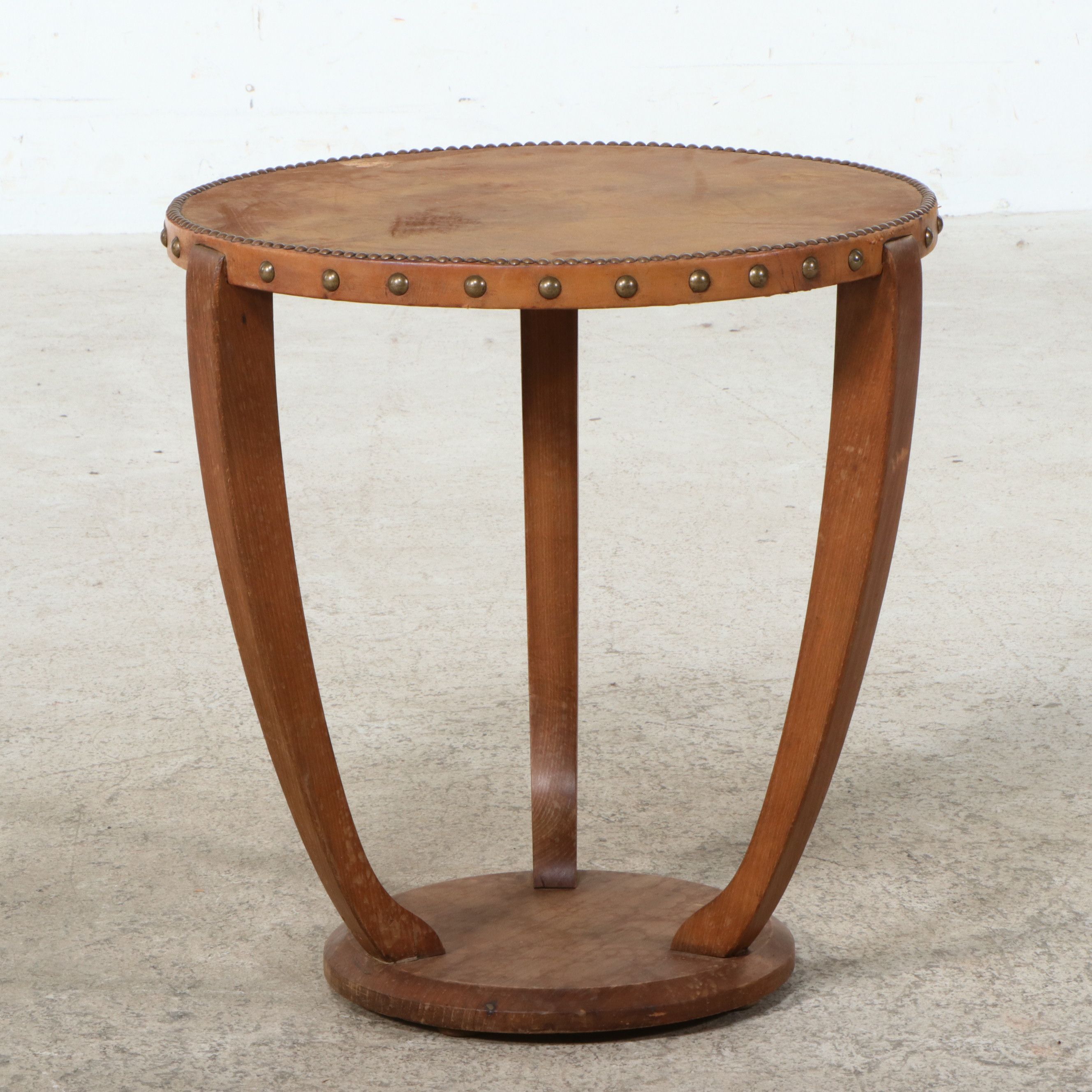 Leather-Wrapped Oak Side Table, Late 20th Century