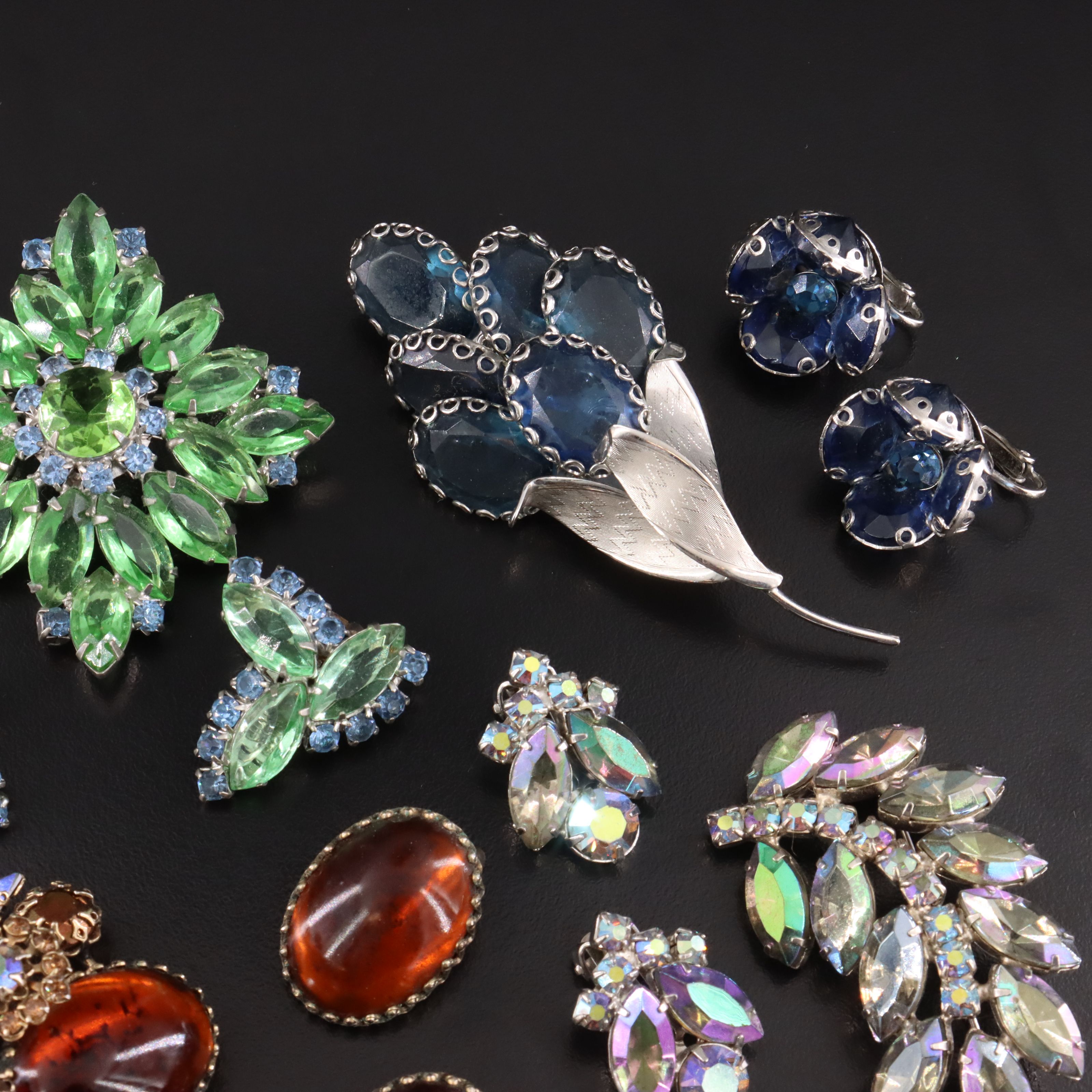 1940s Aurora Borealis Rhinestone Brooch and Earrings Sets