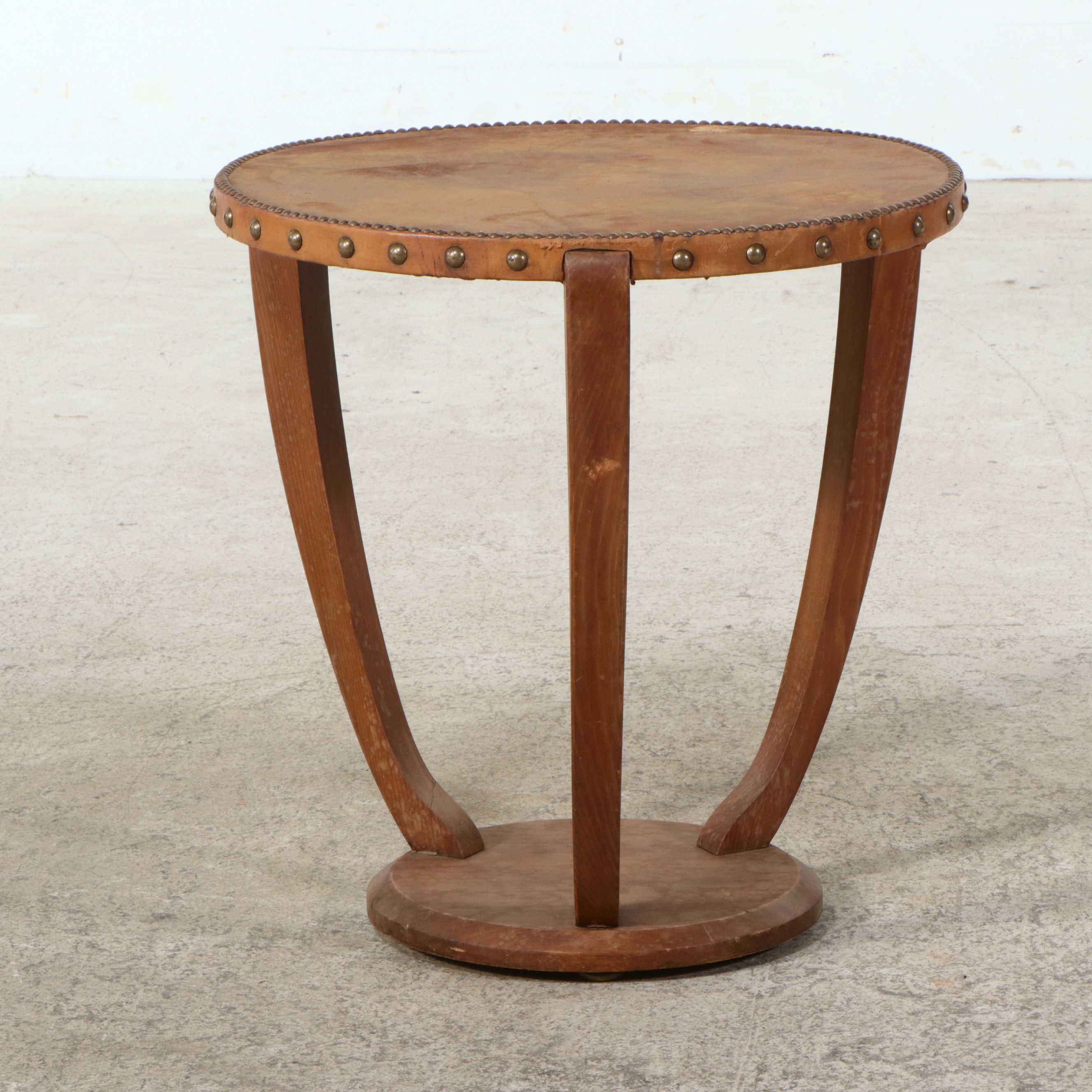 Leather-Wrapped Oak Side Table, Late 20th Century