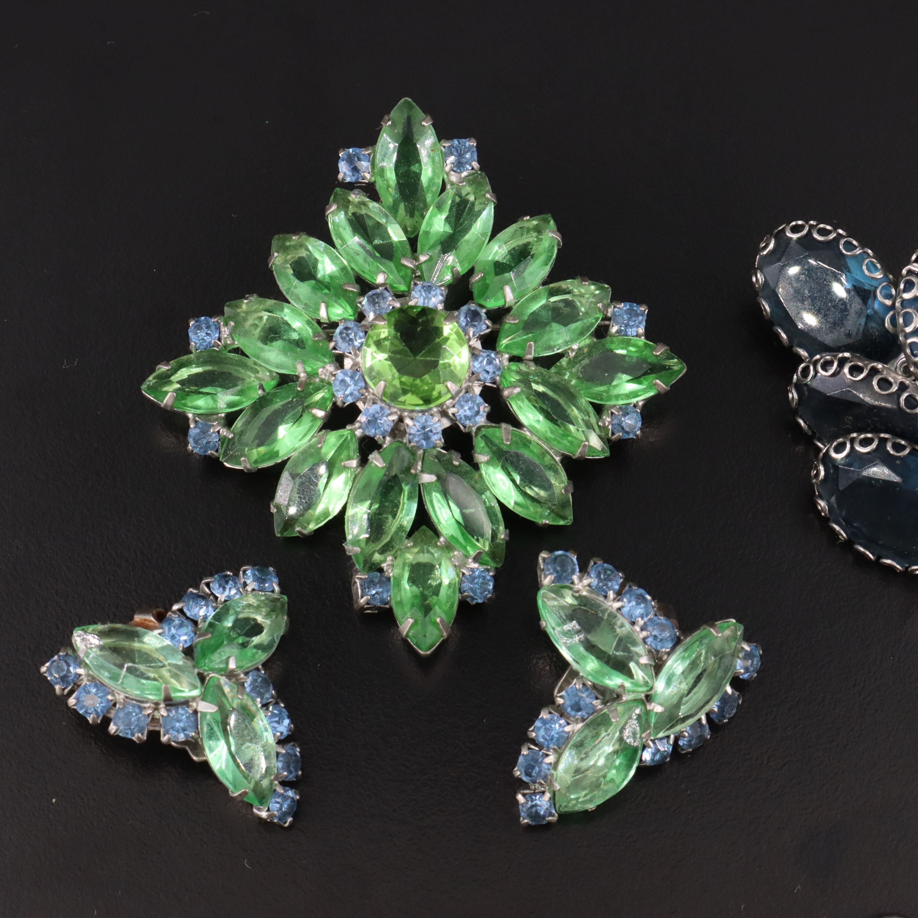 1940s Aurora Borealis Rhinestone Brooch and Earrings Sets