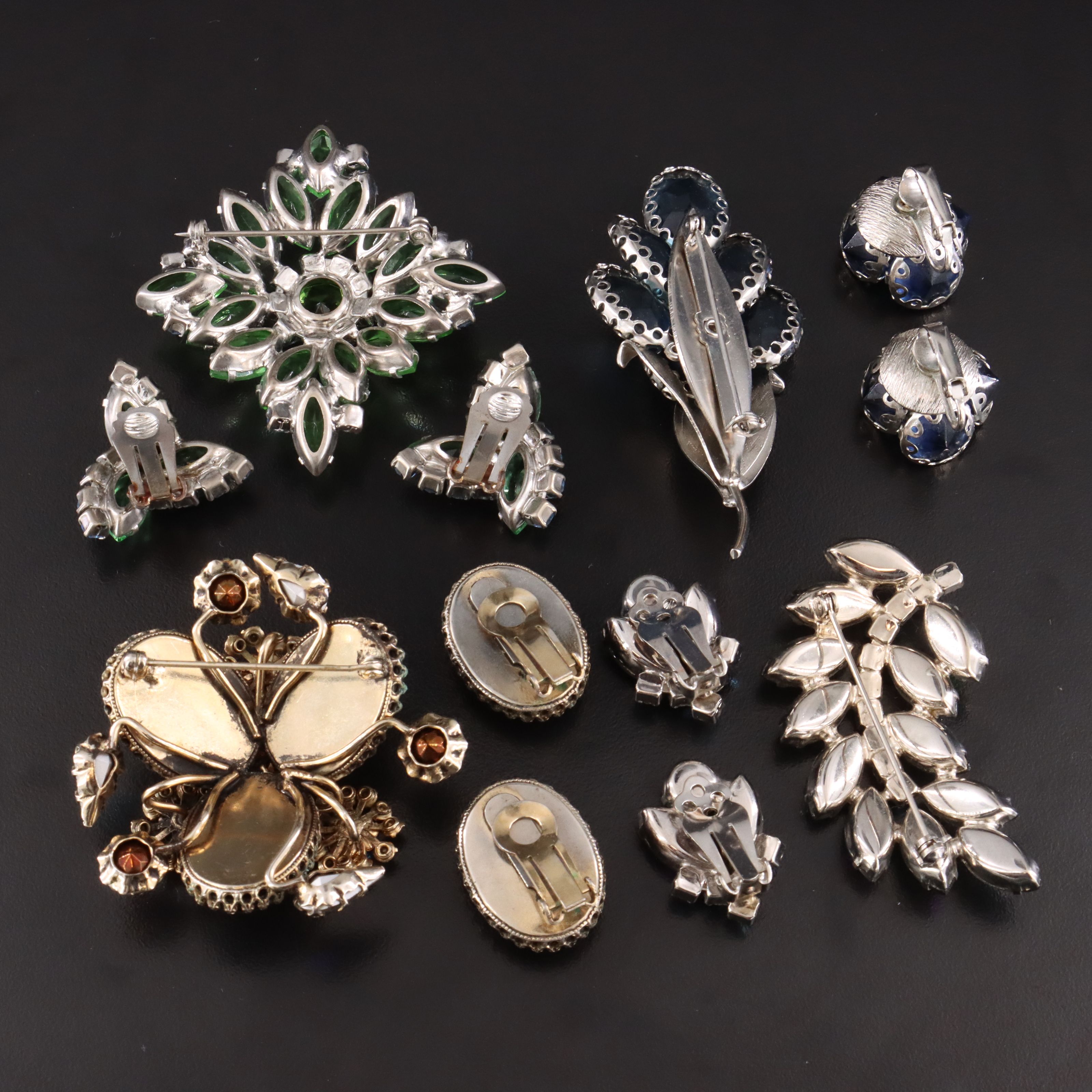 1940s Aurora Borealis Rhinestone Brooch and Earrings Sets