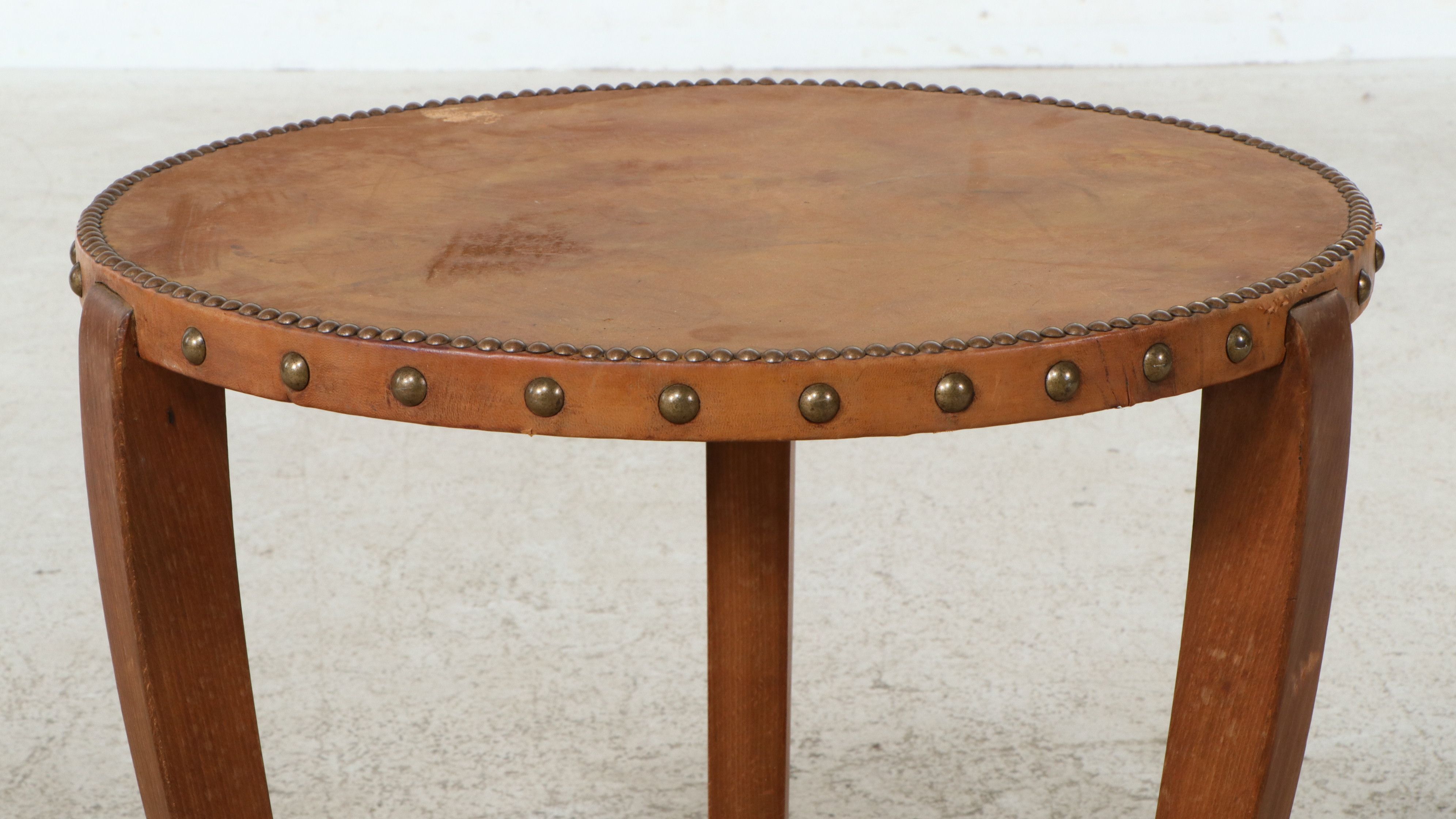 Leather-Wrapped Oak Side Table, Late 20th Century