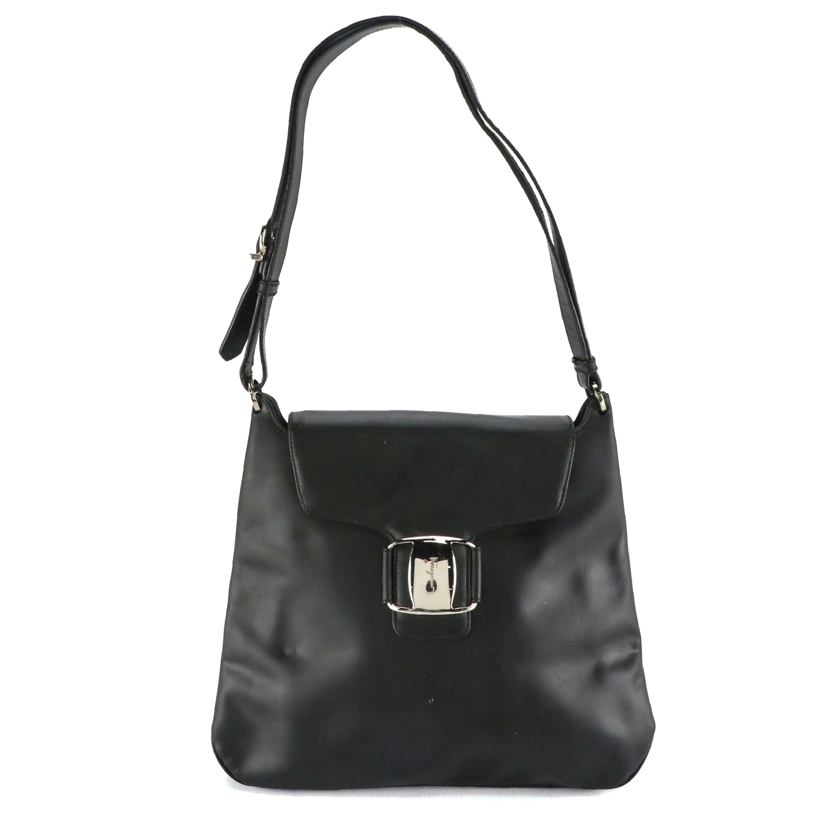 Salvatore Ferragamo Gancini Flap Shoulder Bag in Matte Black Calfskin Leather