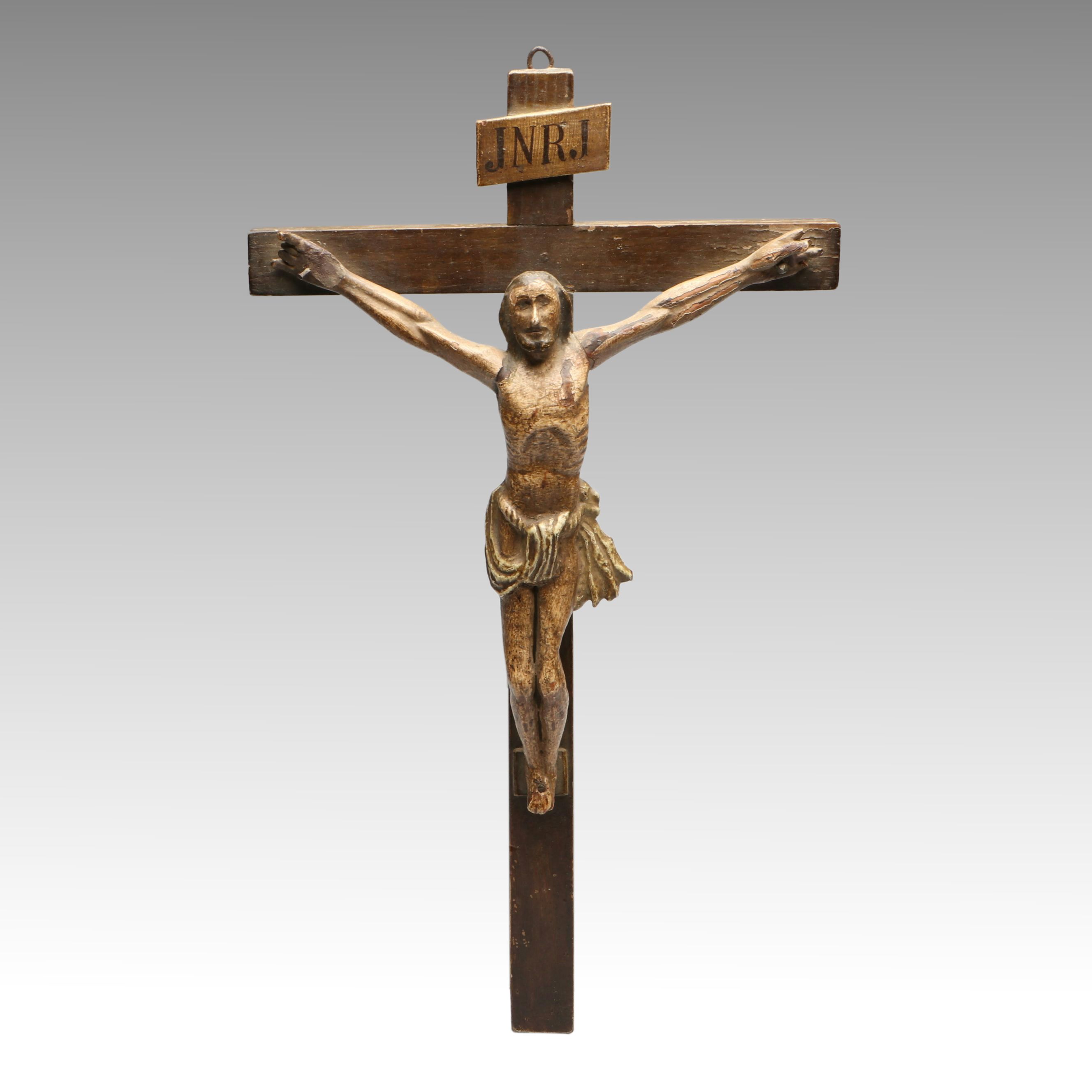 Antique Spanish Colonial Style Polychrome Wood Corpus Christi Crucifix