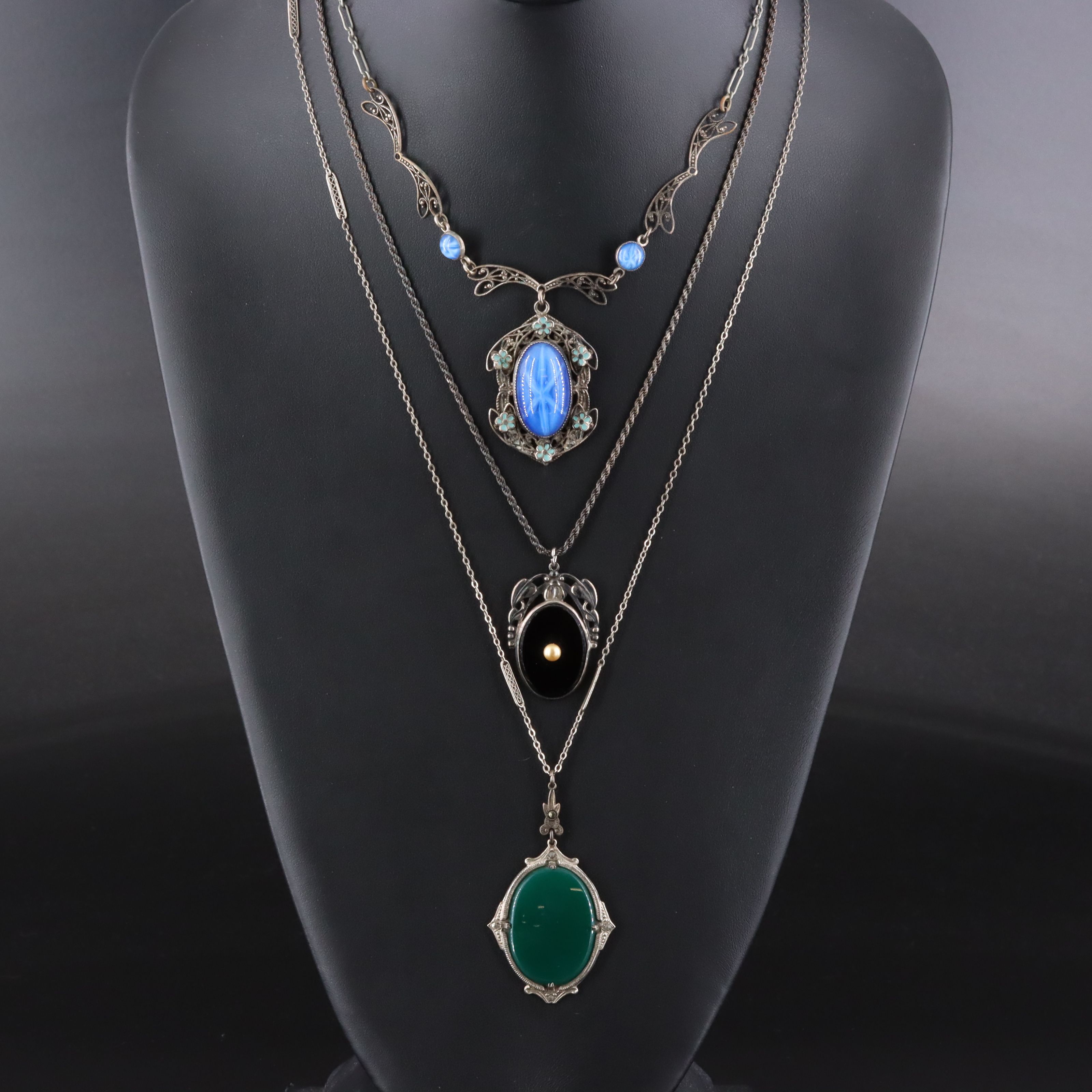 Art Deco Necklaces Including Sterling, Chalcedony and French Jet