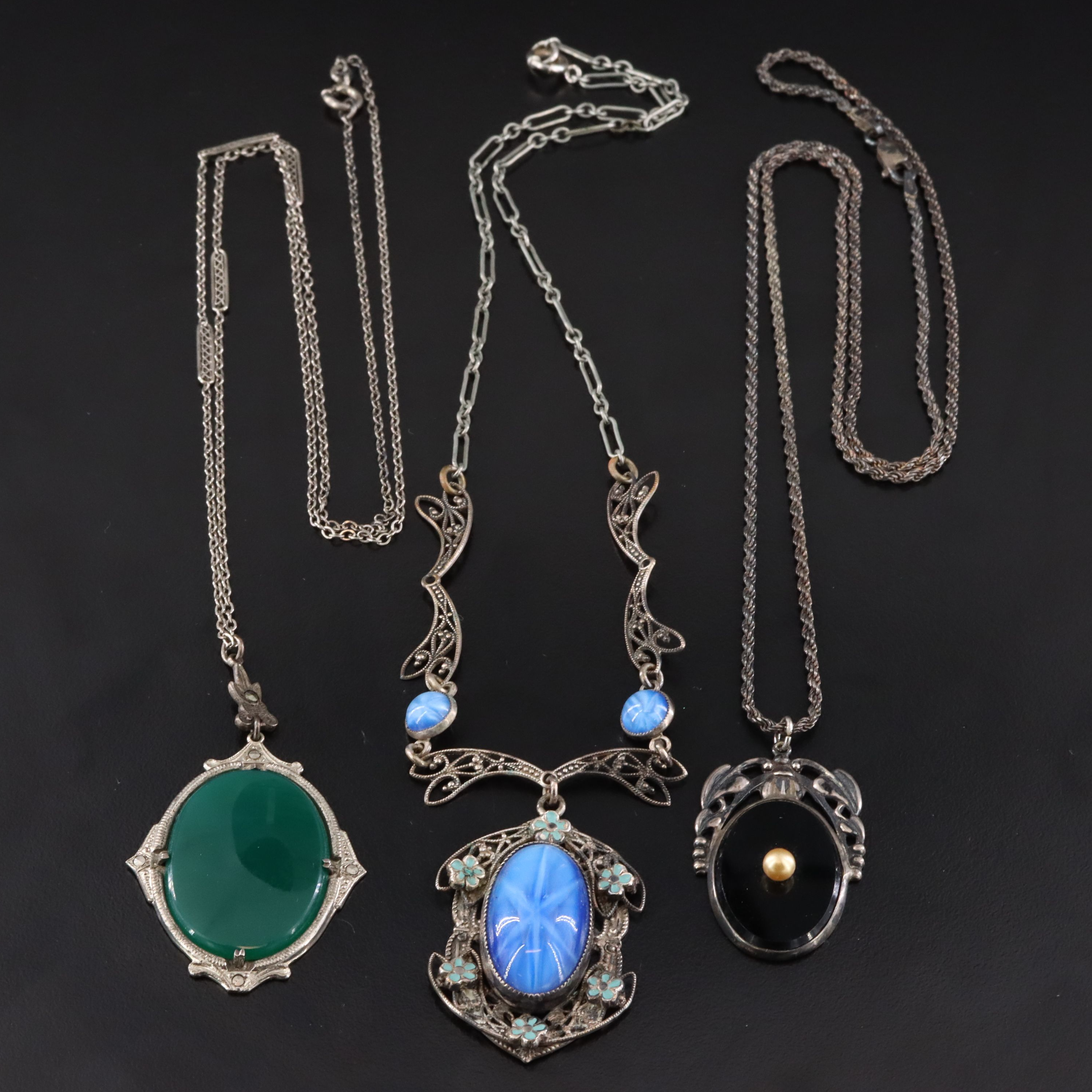 Art Deco Necklaces Including Sterling, Chalcedony and French Jet
