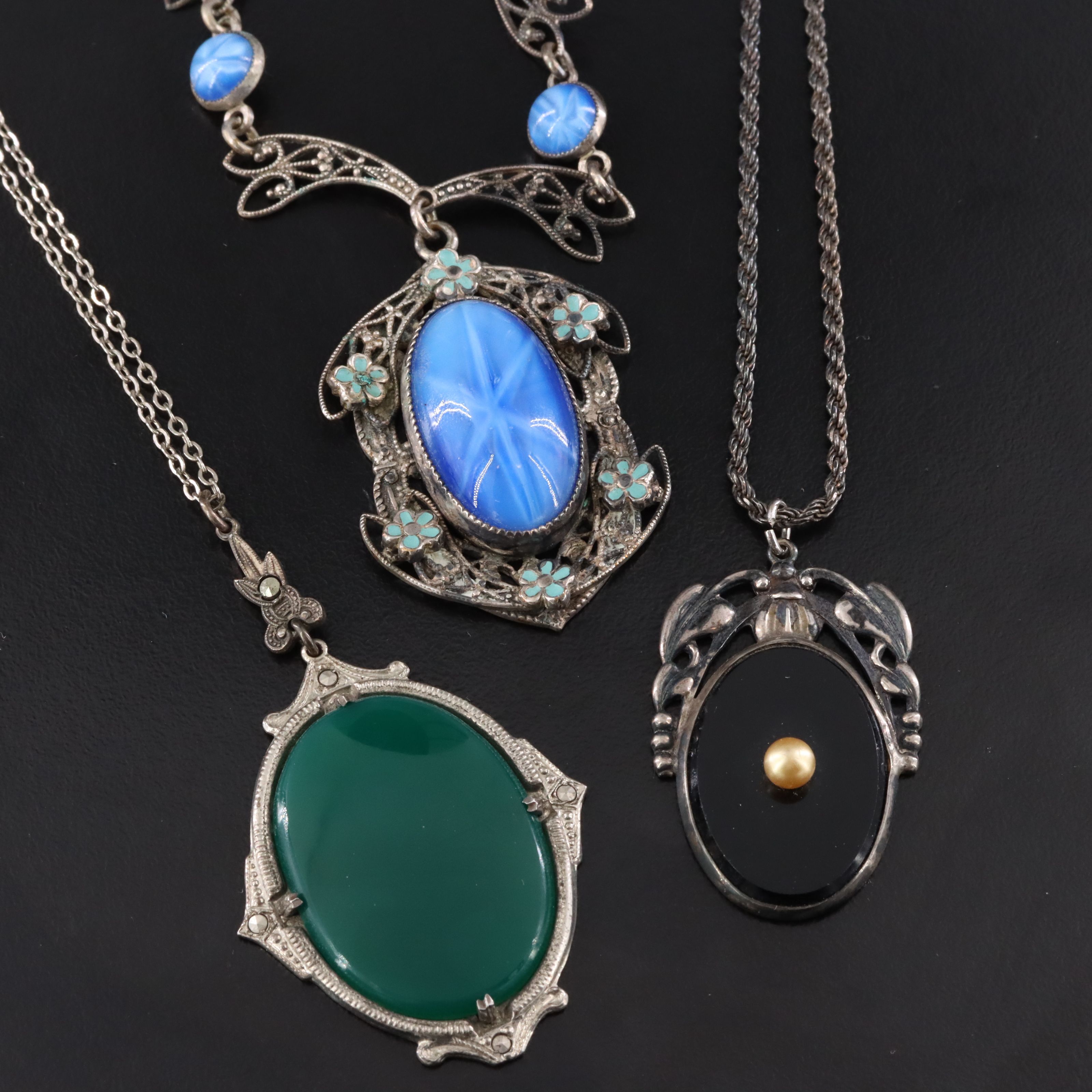 Art Deco Necklaces Including Sterling, Chalcedony and French Jet
