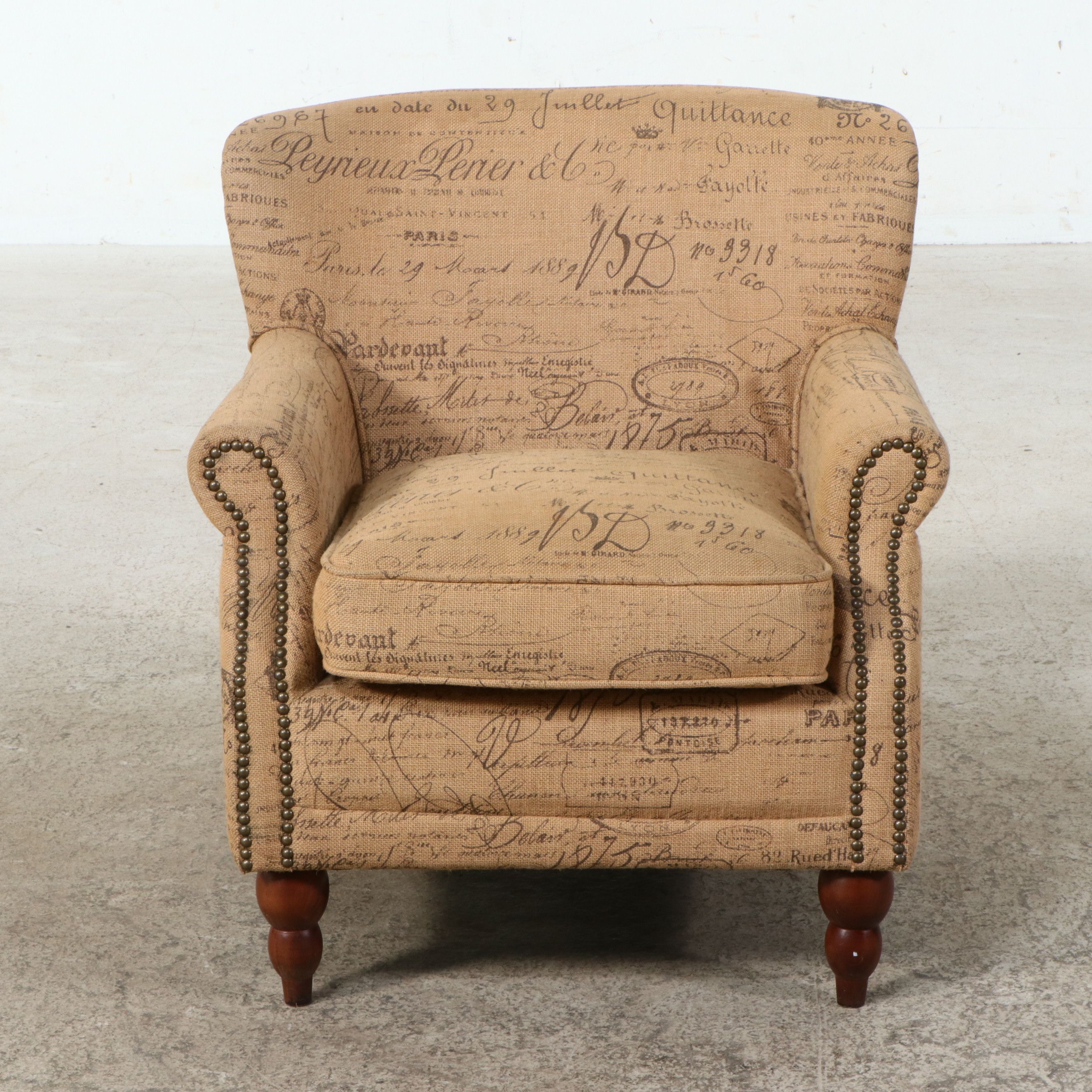 Contemporary French Script Upholstered Club Chair with Nailhead Trim