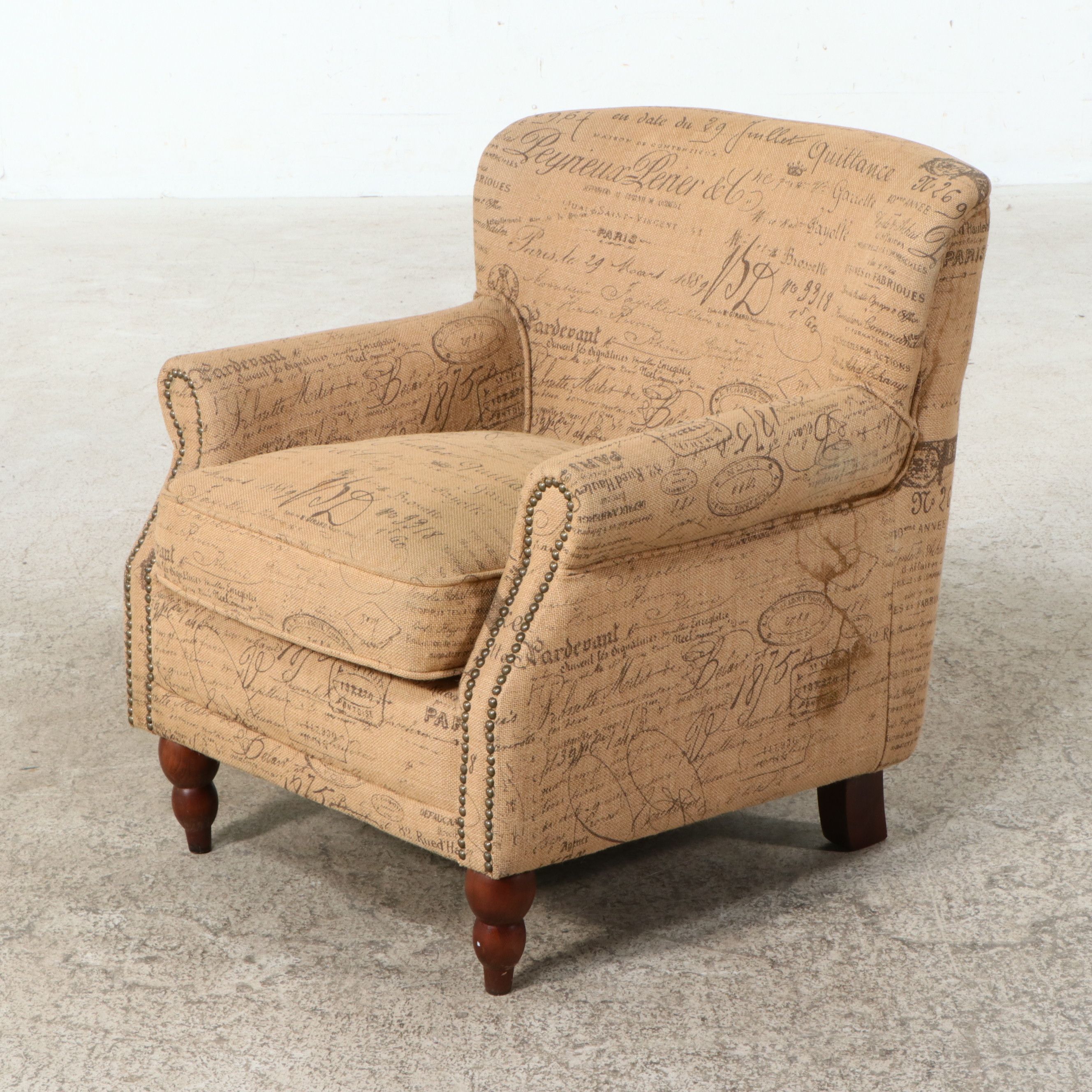 Contemporary French Script Upholstered Club Chair with Nailhead Trim