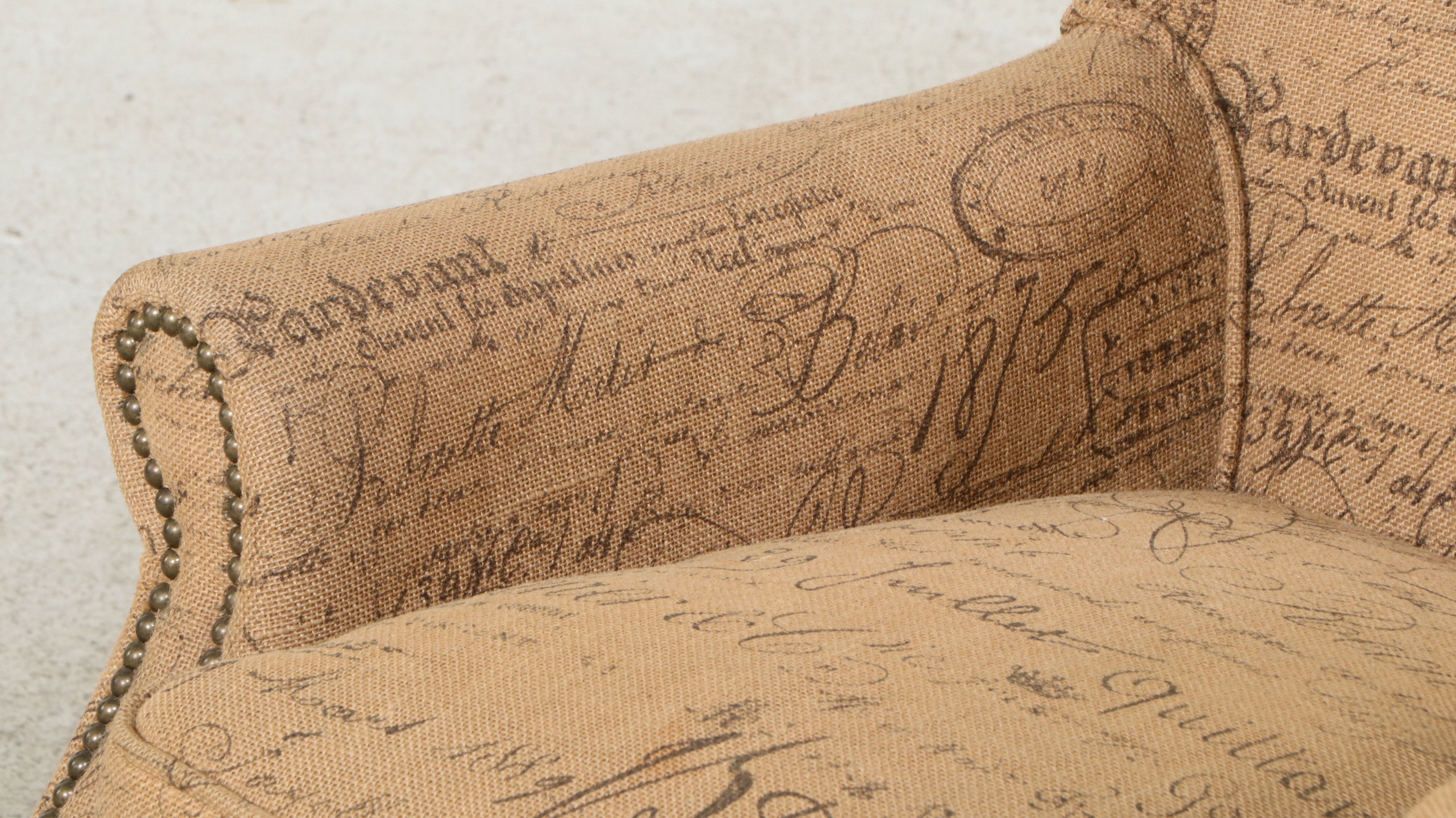 Contemporary French Script Upholstered Club Chair with Nailhead Trim