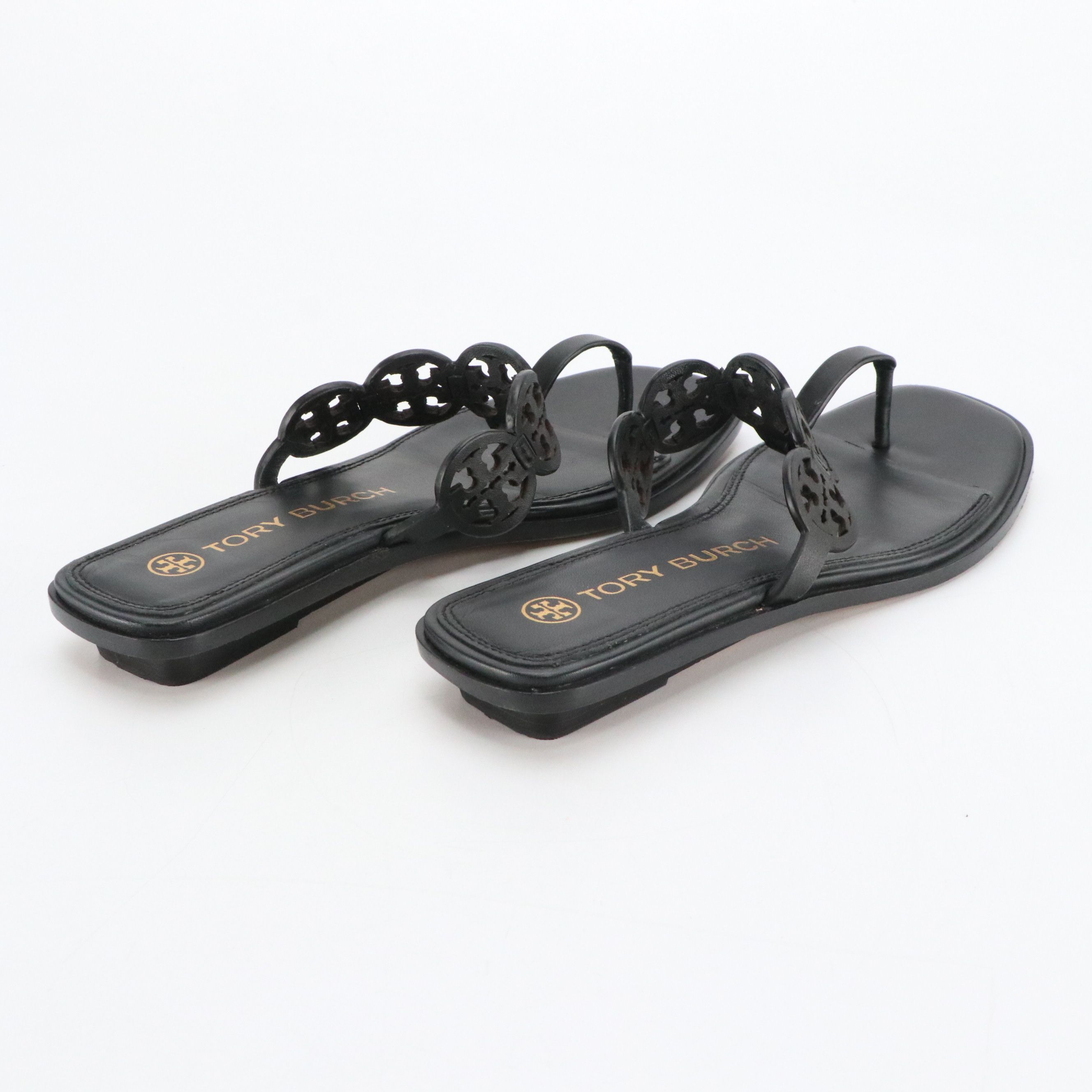 Tory Burch Black Leather Logo Medallion Thong Sandals