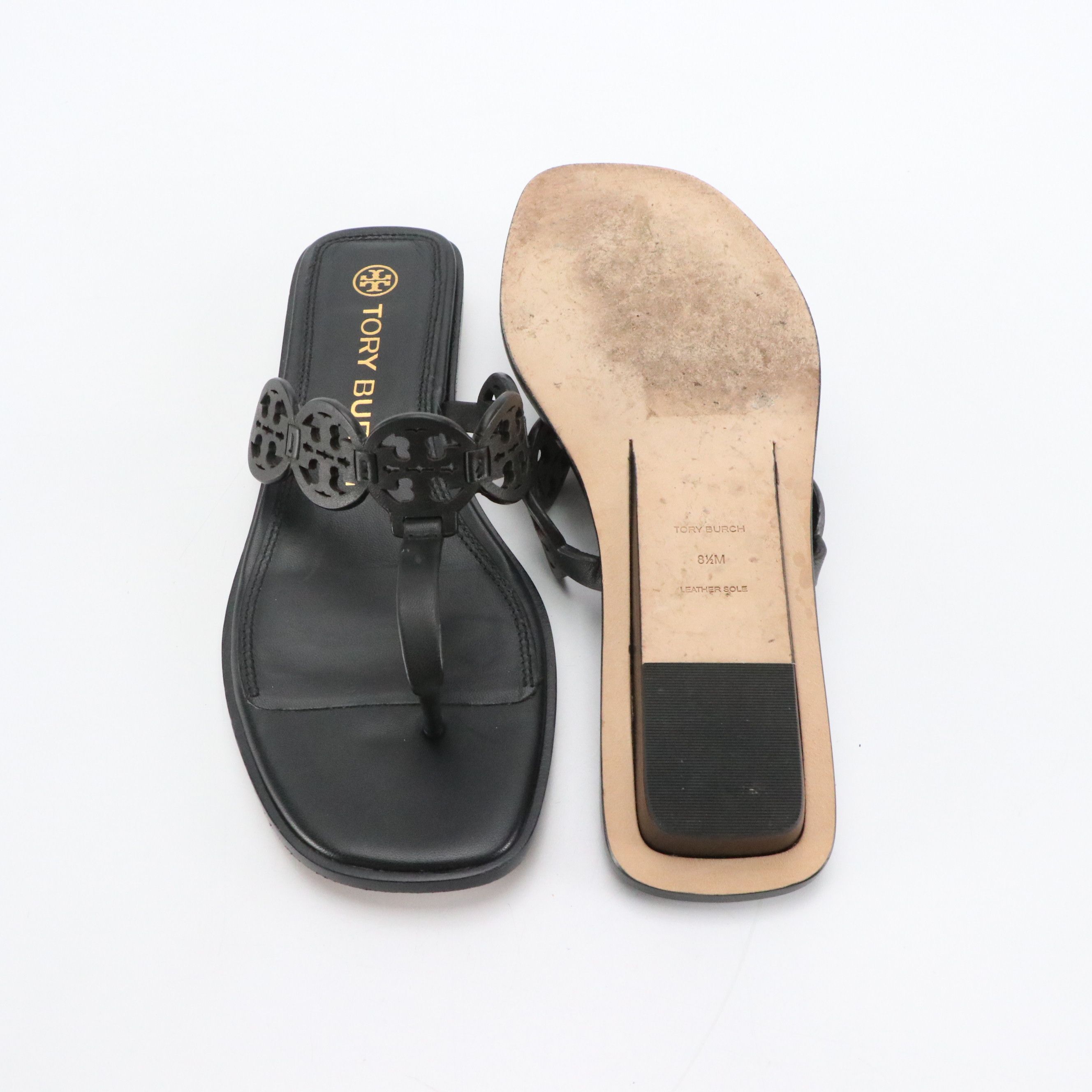 Tory Burch Black Leather Logo Medallion Thong Sandals
