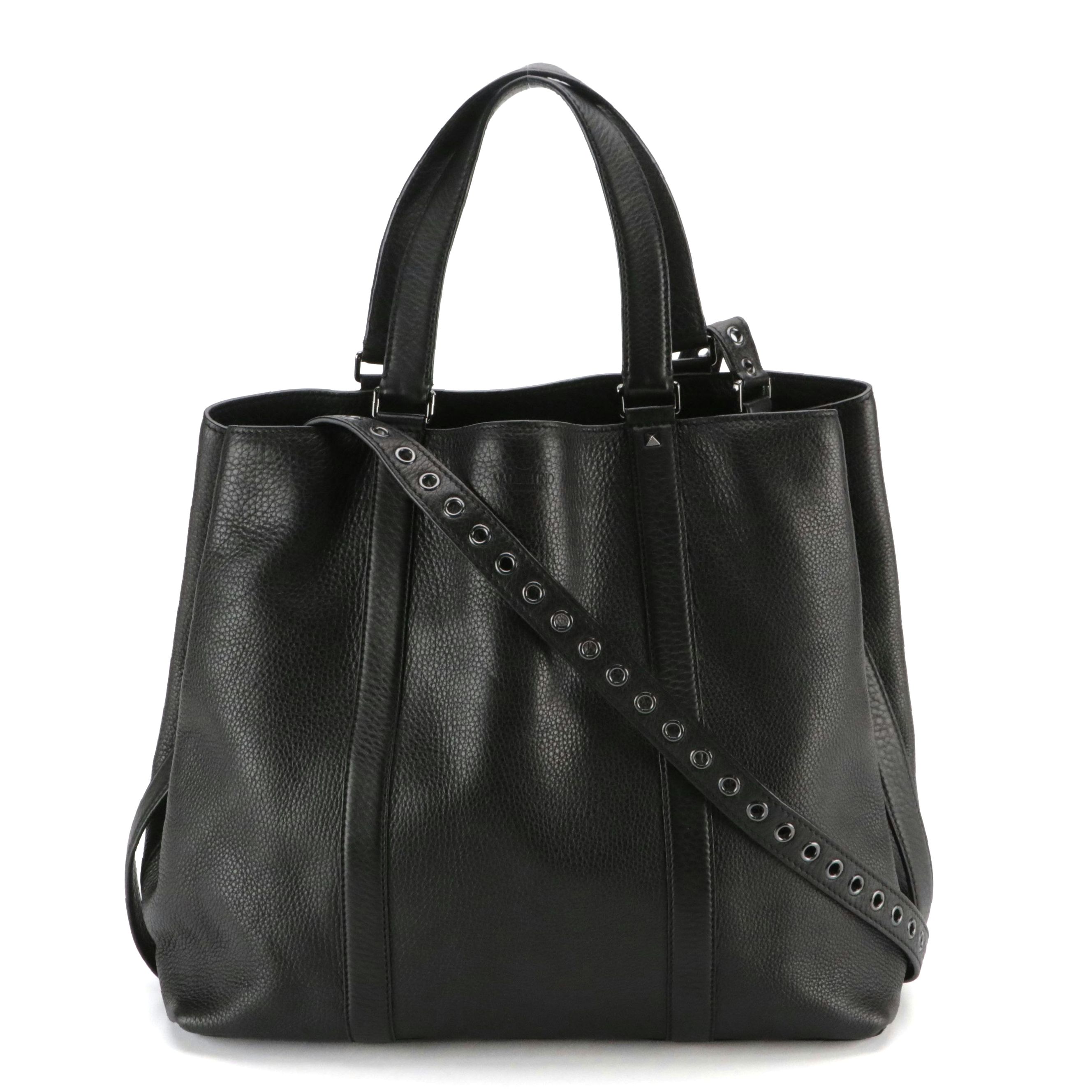 Valentino Garavani Large 2Way Rivet Strap Bag in Black Grained Calfskin Leather