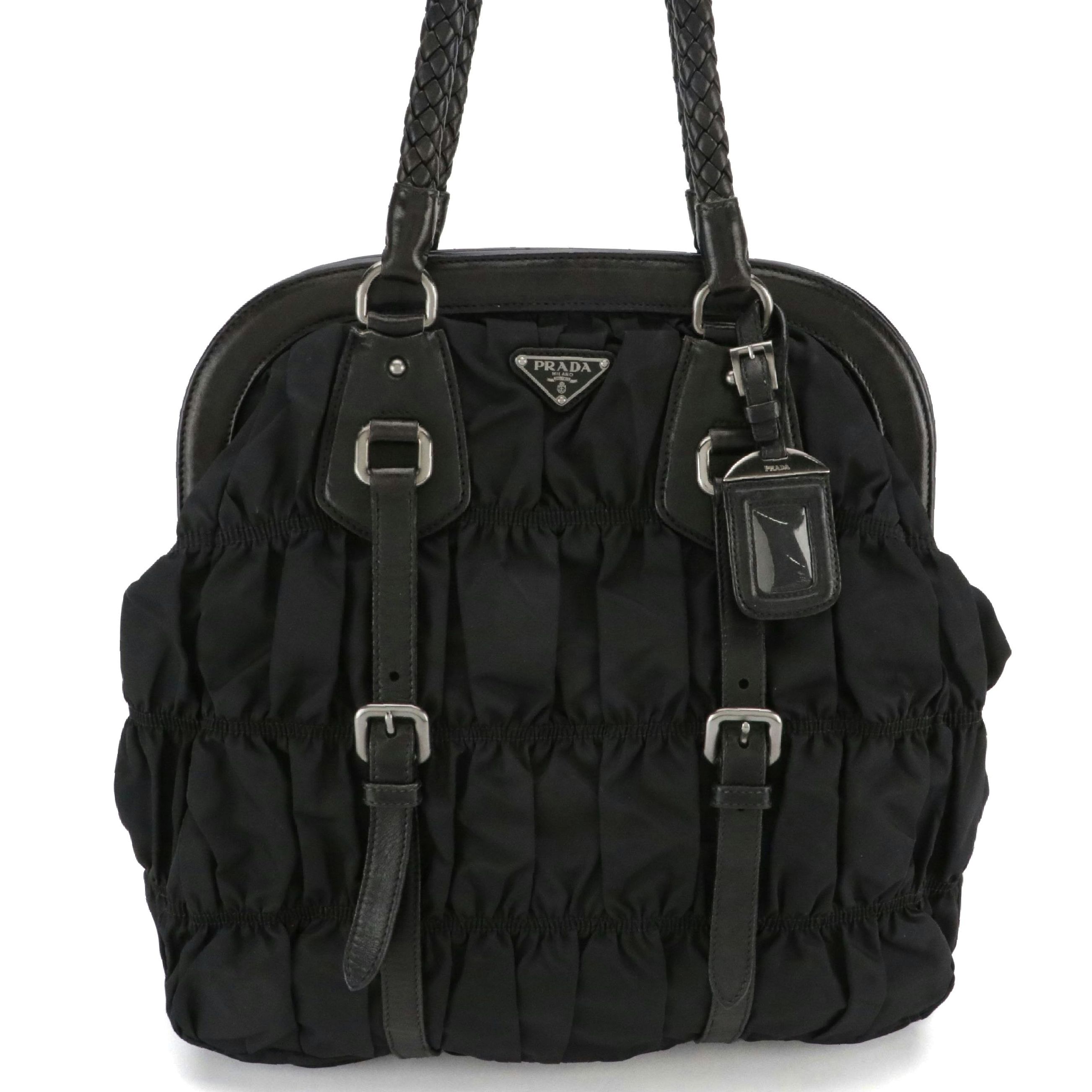Prada Black Gaufre Tessuto Nylon and Leather Tote Bag with Braided Strap