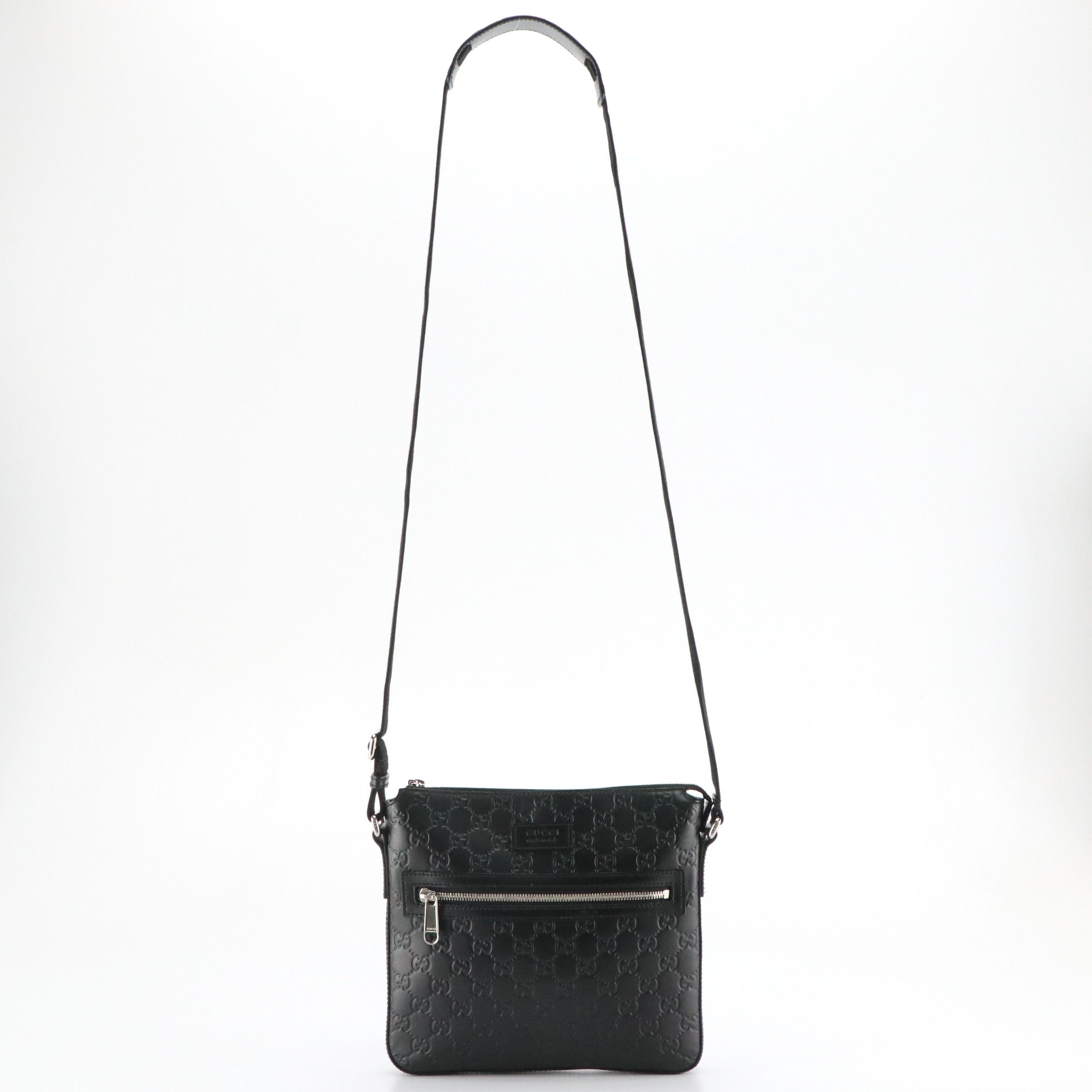 Gucci Black Guccissima and Smooth Leather Medium Front Zip Crossbody Bag