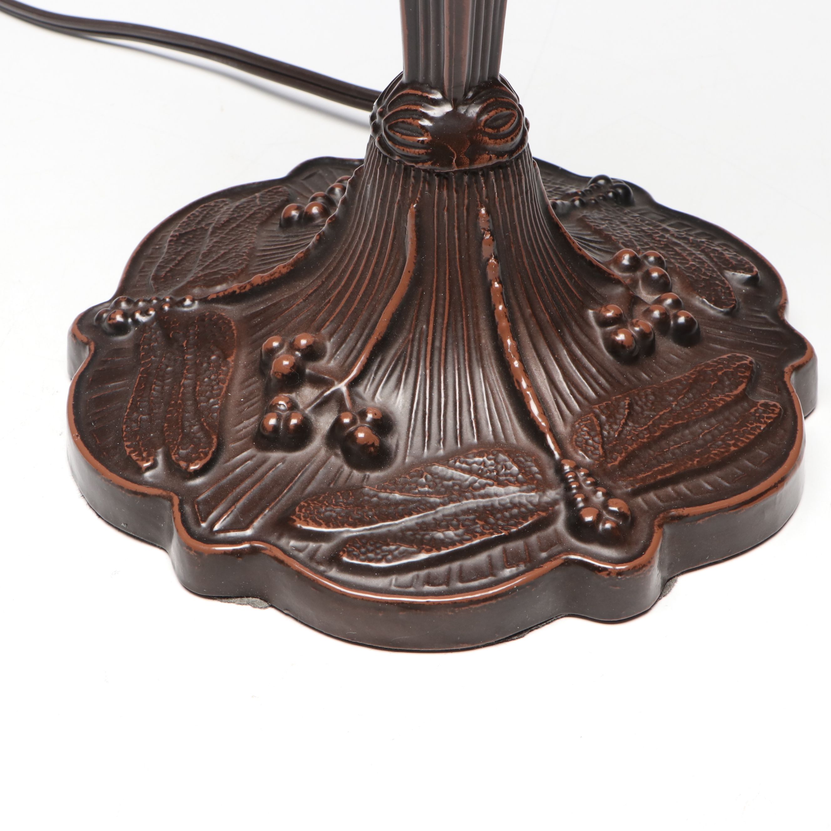 Art Nouveau Cast Metal Table Lamp with Dragonfly Slag Glass Shade