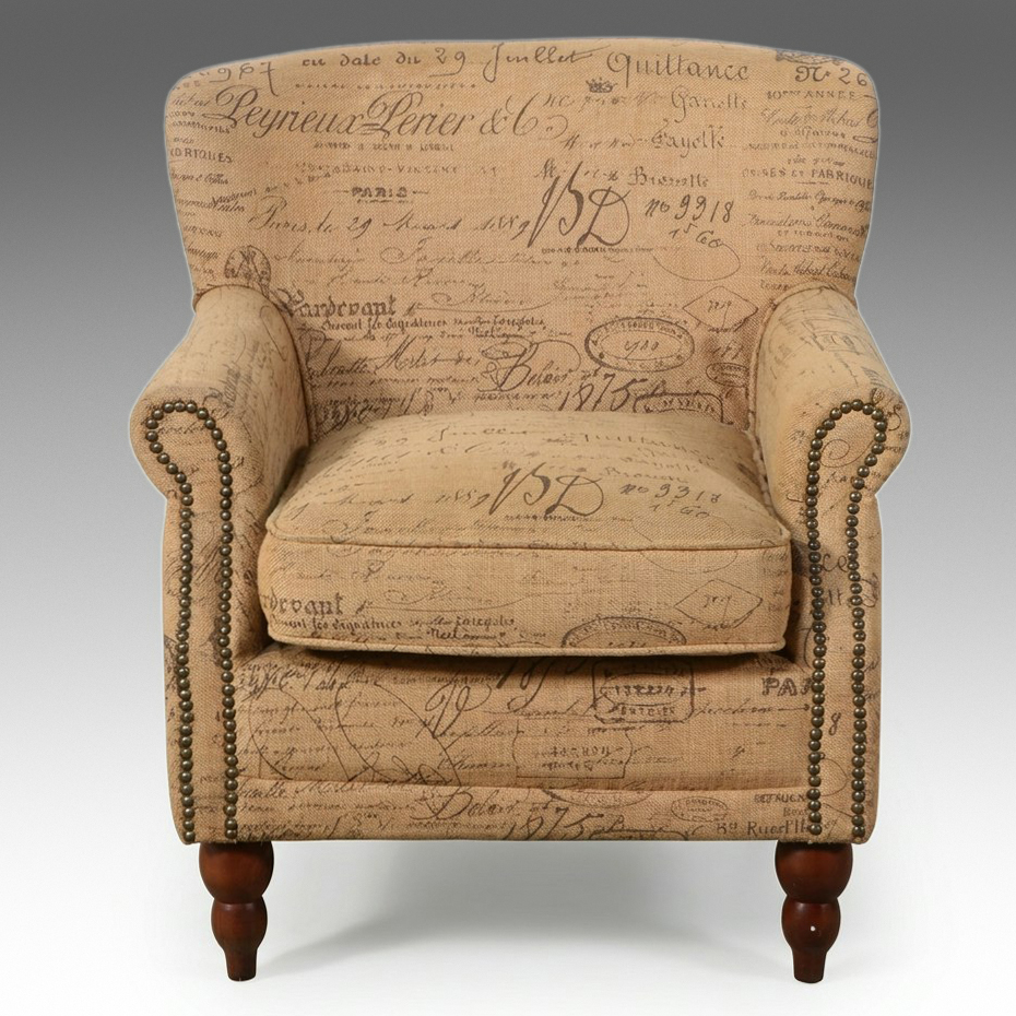 Contemporary French Script Upholstered Club Chair with Nailhead Trim