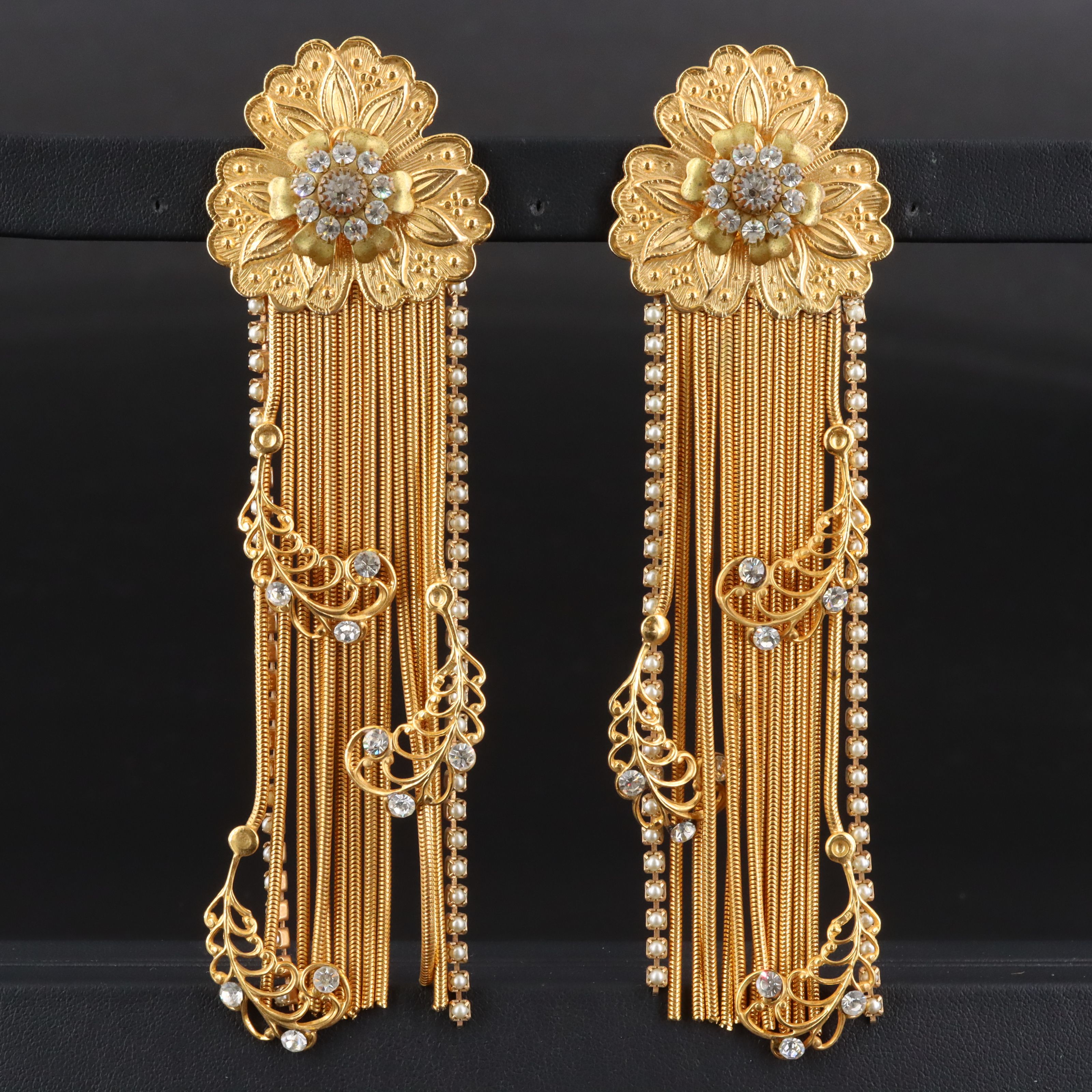 Gold-Tone and Crystal Shoulder Duster Earrings with Faux Pearl Accents