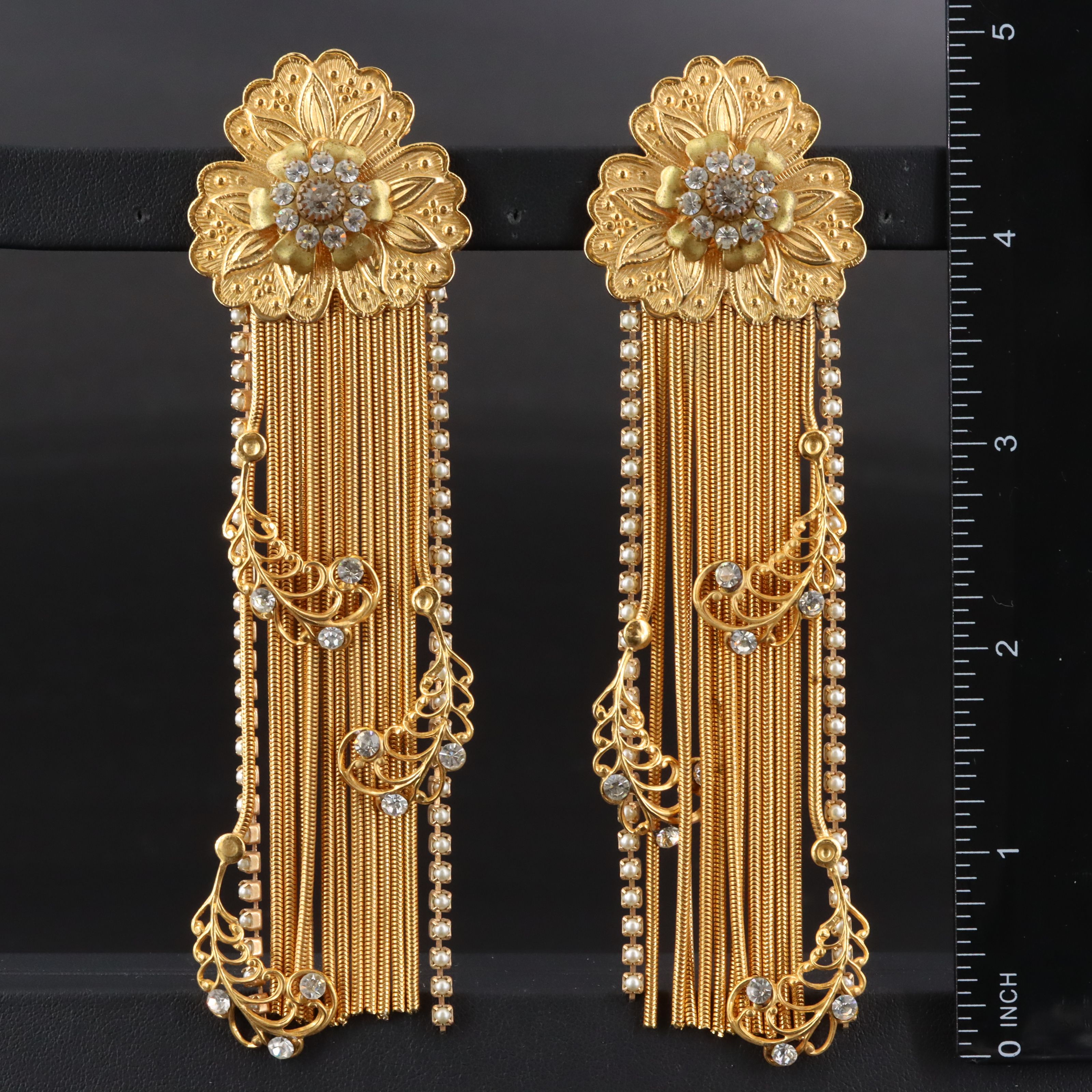 Gold-Tone and Crystal Shoulder Duster Earrings with Faux Pearl Accents
