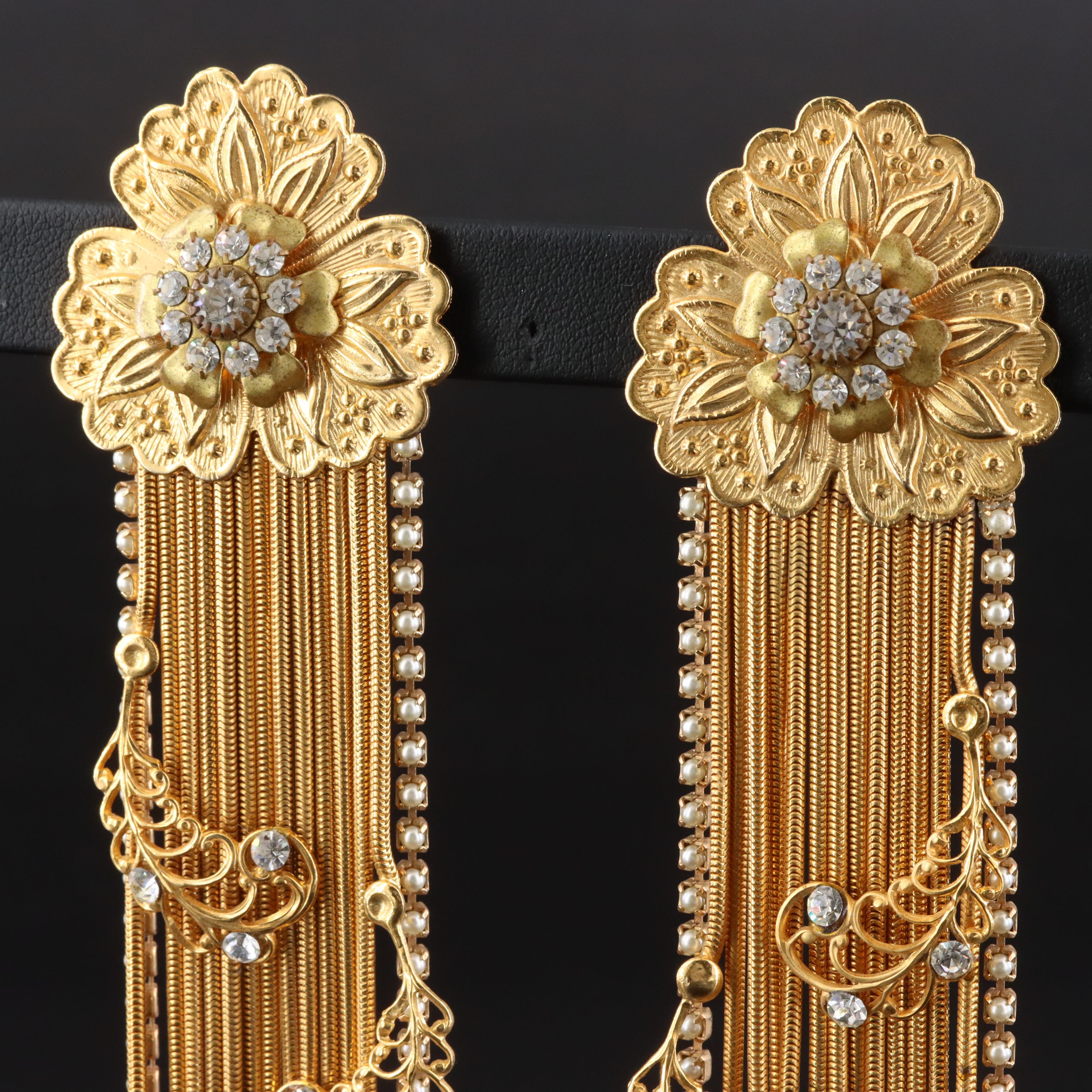 Gold-Tone and Crystal Shoulder Duster Earrings with Faux Pearl Accents