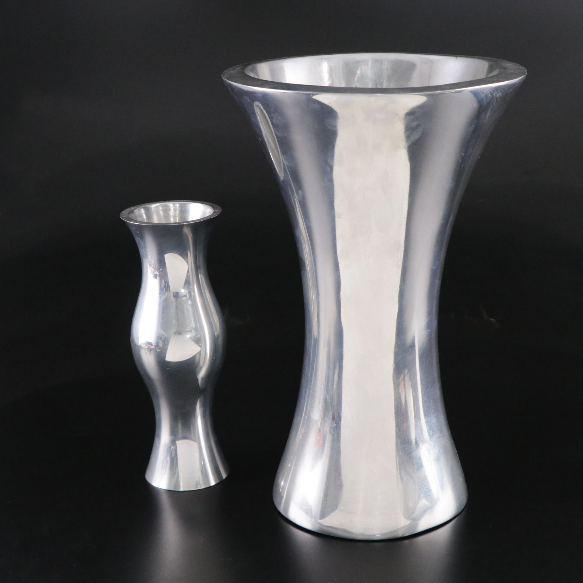 Nambé Studio Aluminum Alloy Flared Floor Vase and Hourglass Vase