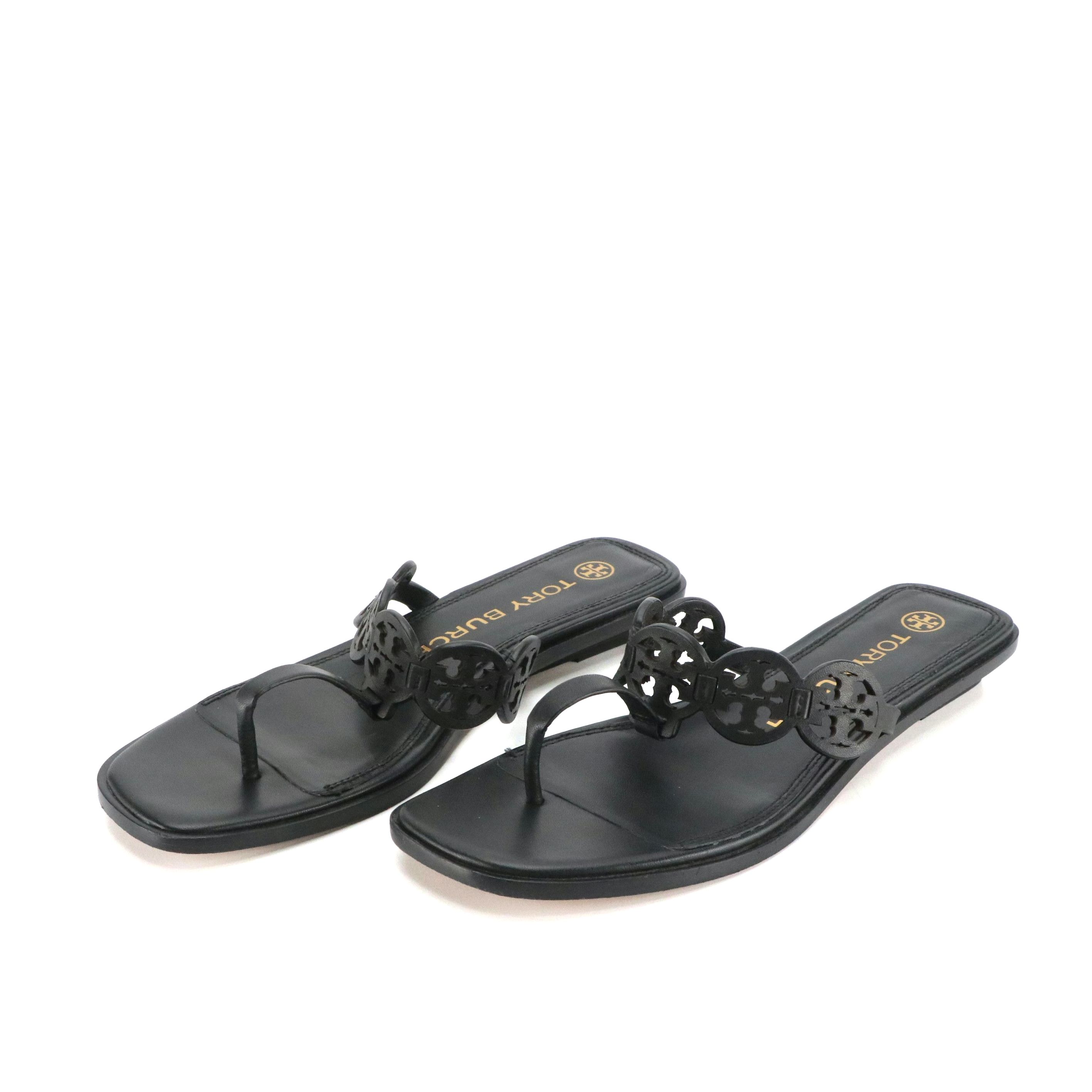 Tory Burch Black Leather Logo Medallion Thong Sandals