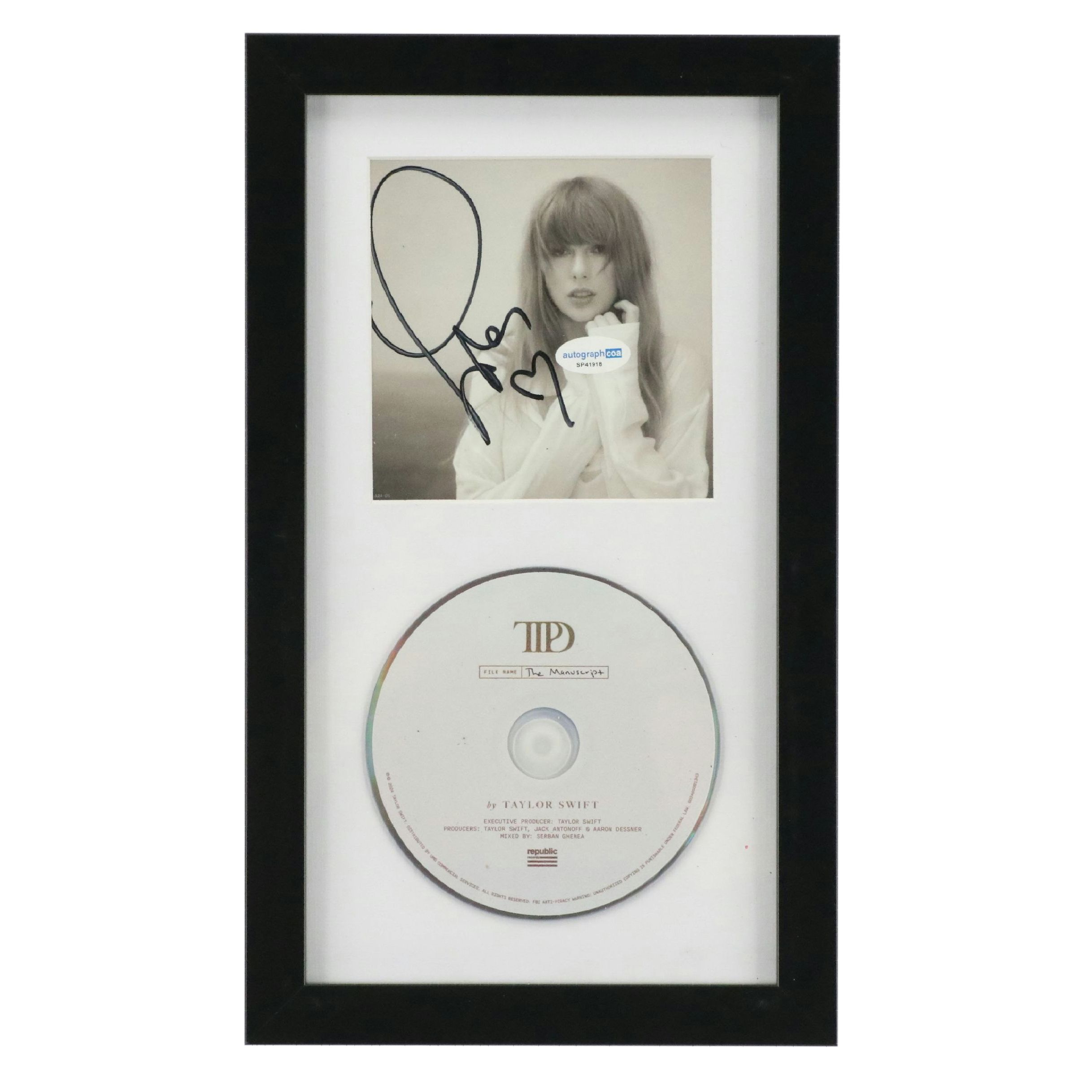 Taylor Swift Signed "The Tortured Poets Department" CD Card in Frame