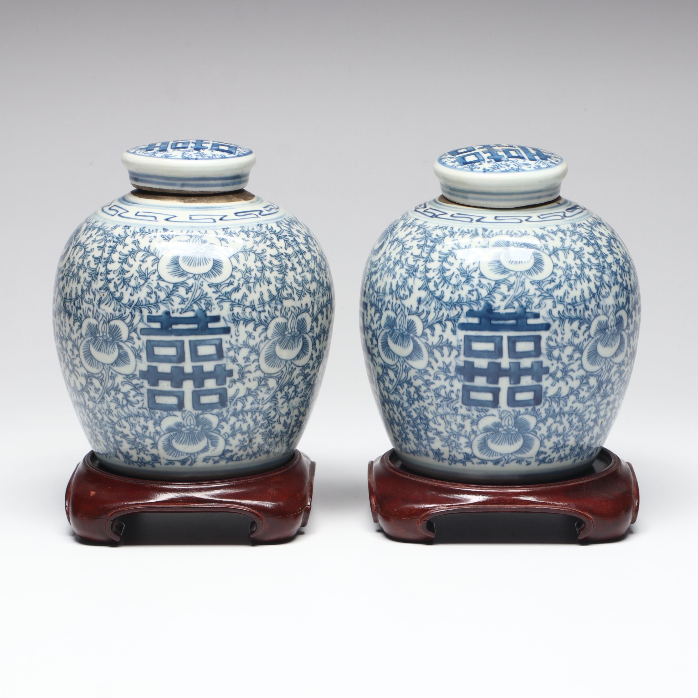 Chinese Blue and White Floral Double Happiness Porcelain Ginger Jars
