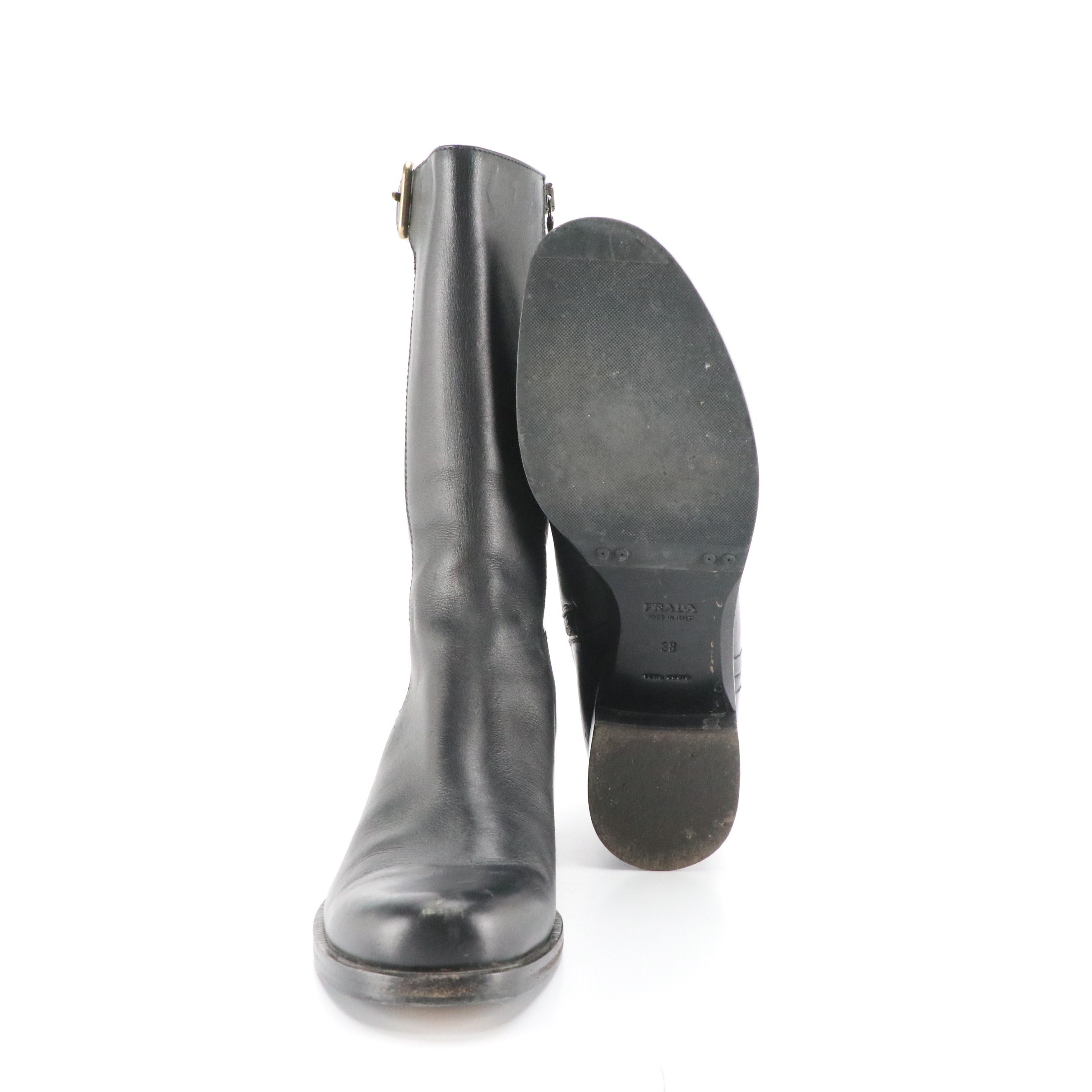 Prada Black Leather Boots with Buckle Detail