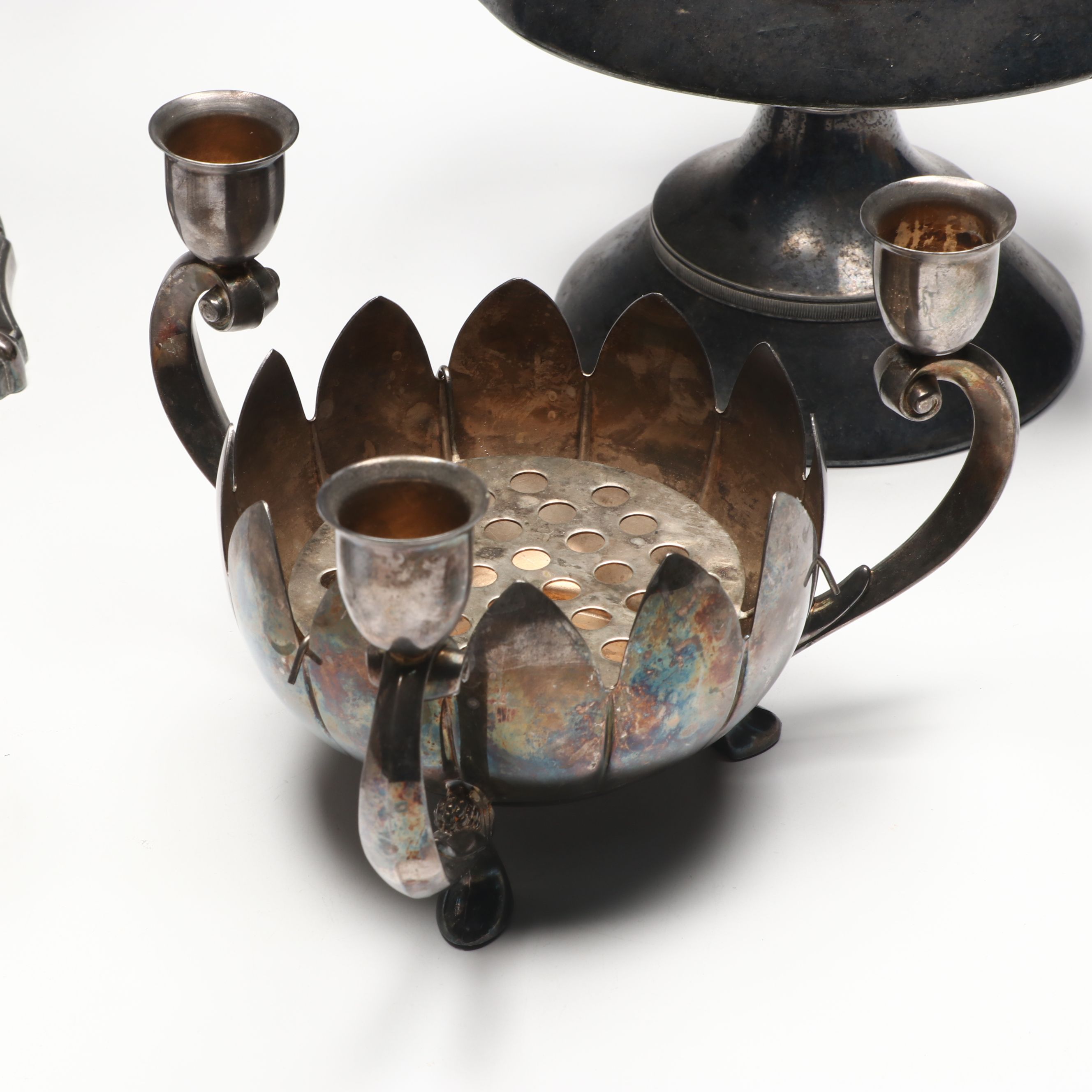 Poole and Leonard Silver Plate Candelabra with More Plate Utensils and Tableware