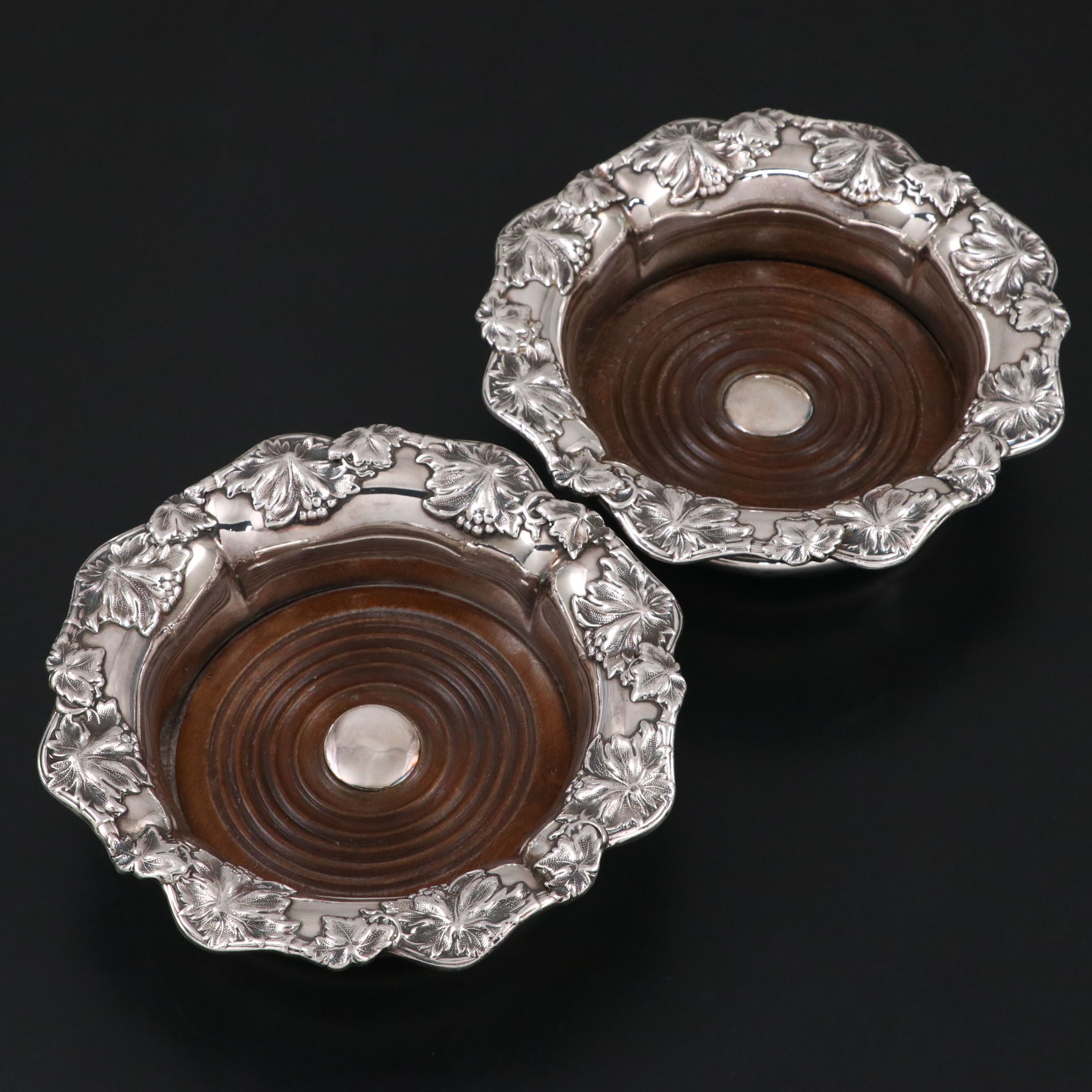 Antique Grapevine Silver Plate Wine Coasters, Late 19th/Early 20th C.