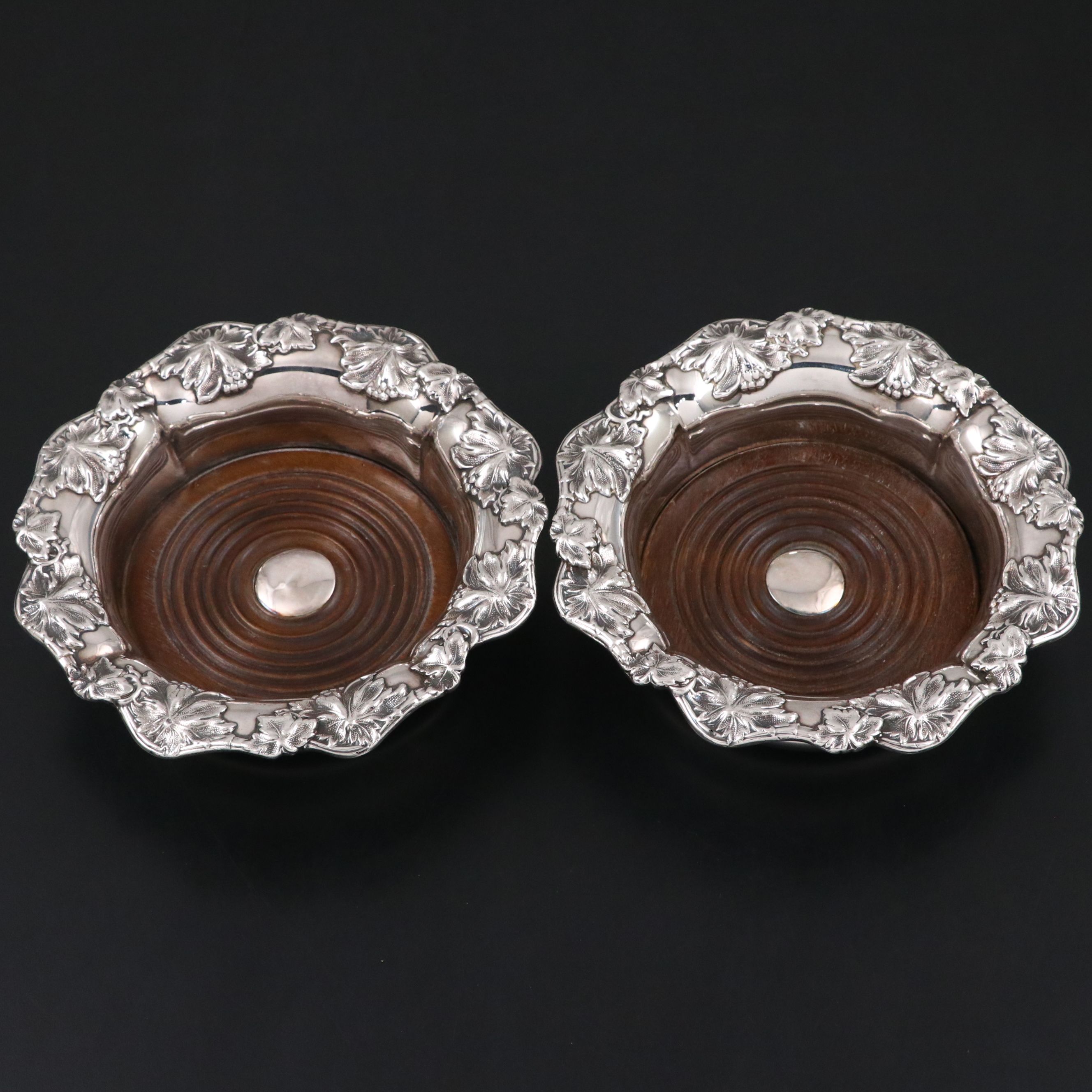 Antique Grapevine Silver Plate Wine Coasters, Late 19th/Early 20th C.