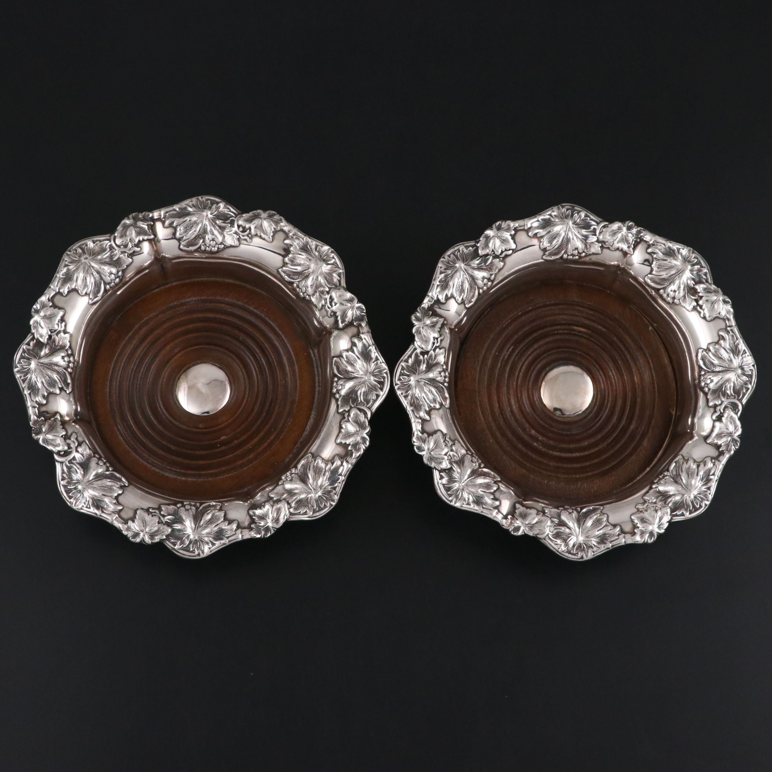 Antique Grapevine Silver Plate Wine Coasters, Late 19th/Early 20th C.